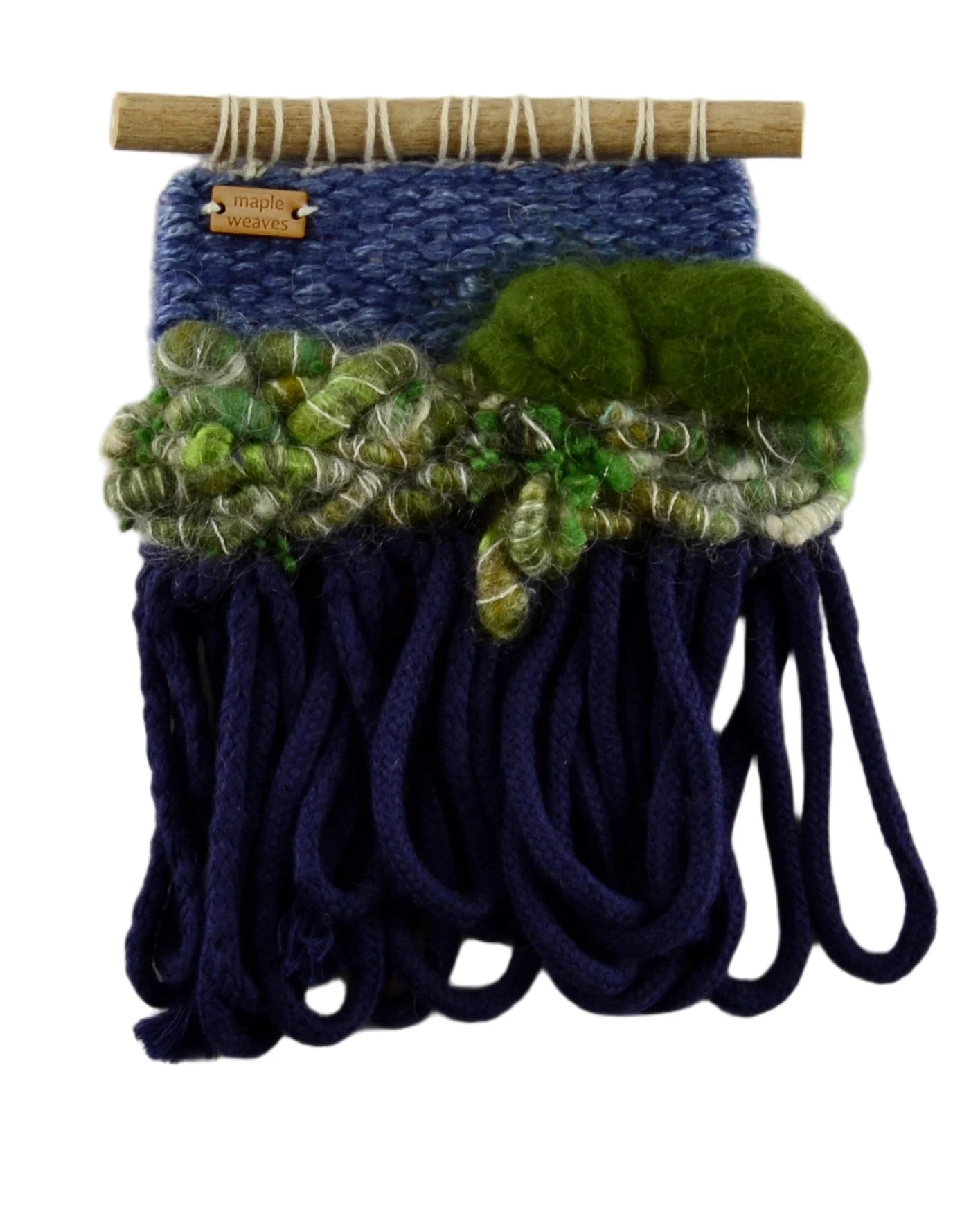 "Green Fields", Handwoven (Wool, handspun yarn, cotton). Hung from a foraged branch. 5.75" w x 7.25" h. $75