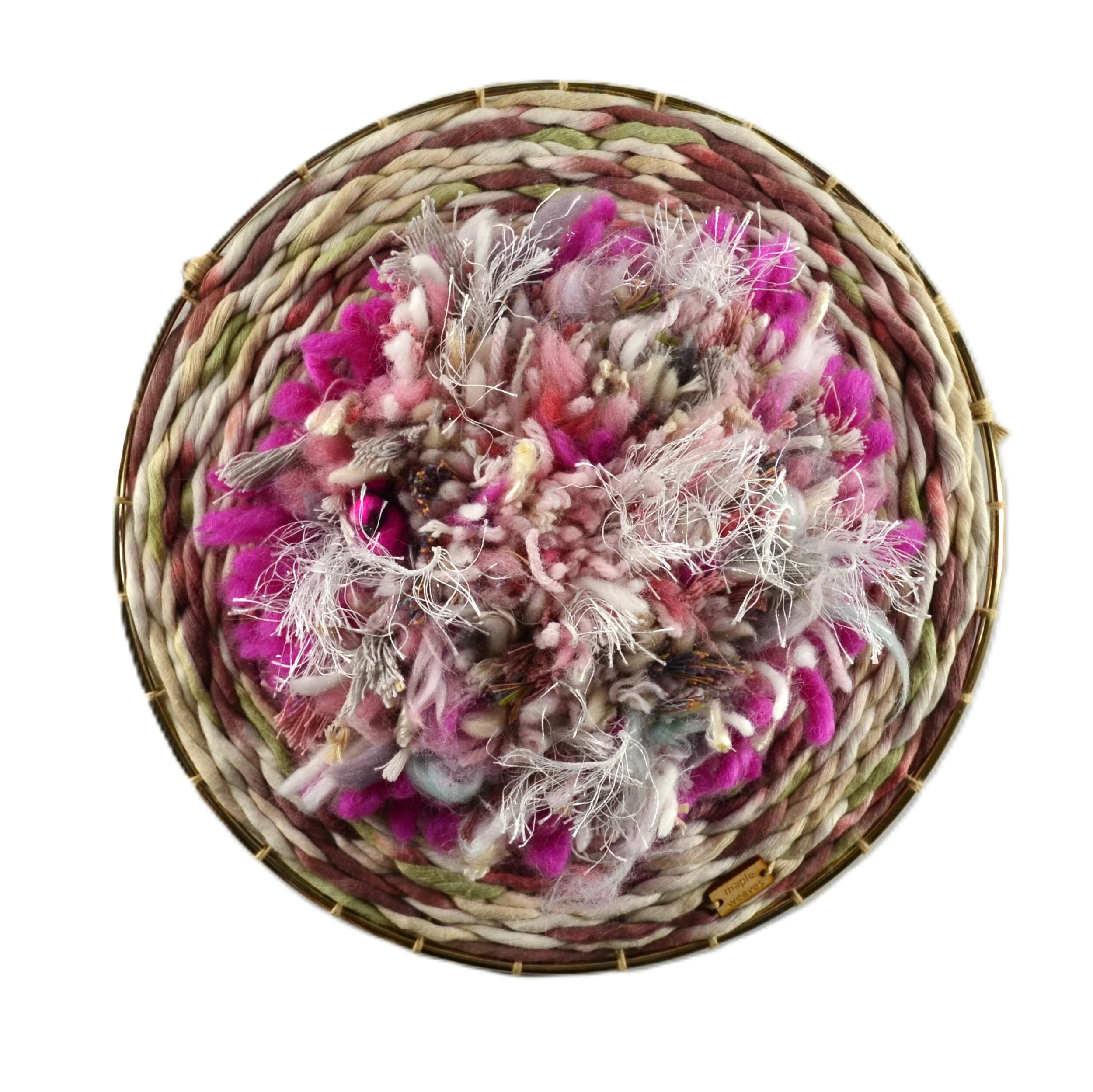"Star Dust", Handwoven (Wool and cotton). Mounted in a brass ring, 10" diameter.  $200