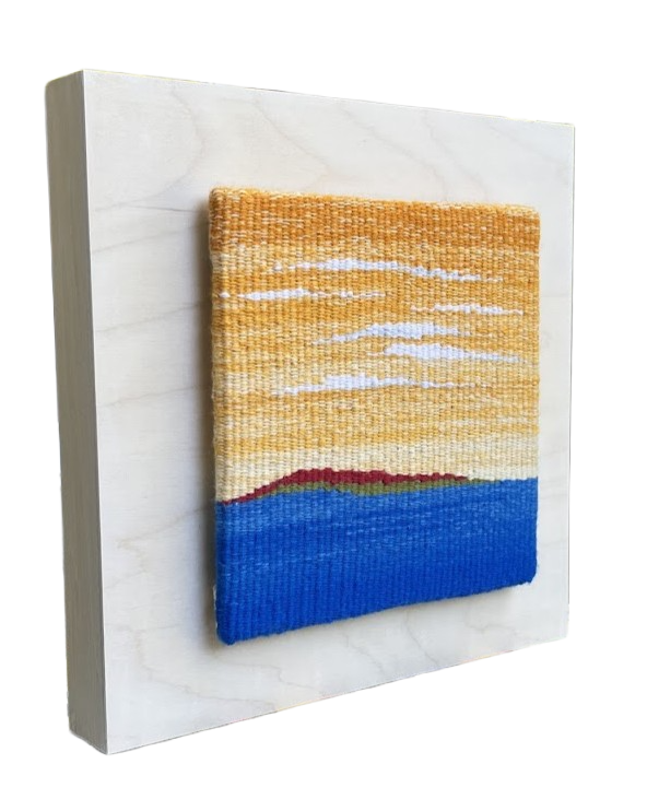 "The Golden Hour", Handwoven (Wool), mounted on a 12" x 12" x 1-5/8" waxed wood cradle, $350
