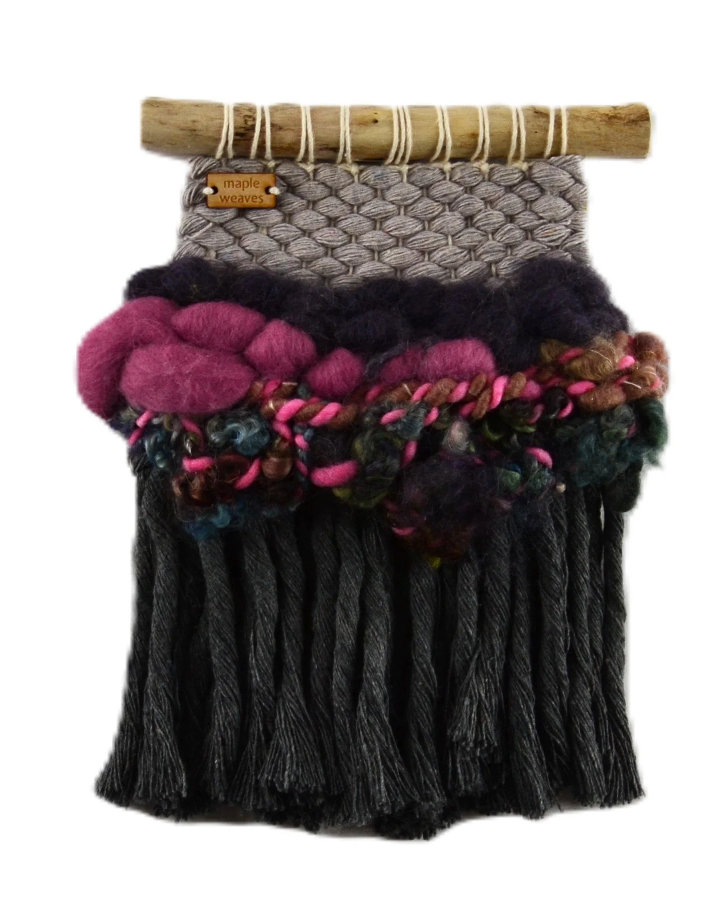 "Black Licorice", Handwoven (Wool, handspun yarn, cotton). Hung from a foraged branch. 6" w x 7.5" h. $75