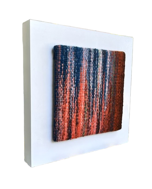 "Warming Trend", Handwoven (Wool), mounted on a 12" x 12" x 1-5/8" painted wood cradle, $350