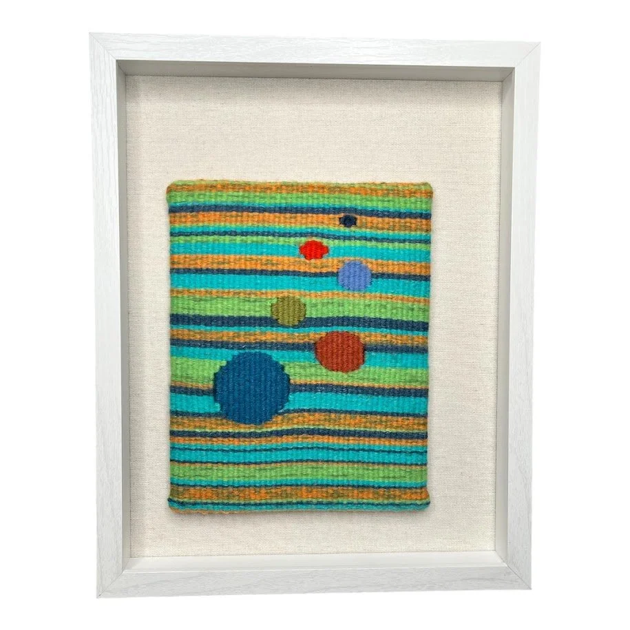 "Foreign Horizons", Handwoven (Wool), mounted asymmetrically in a 12" x 15" x 1-7/8" white wooden shadow box frame, $350