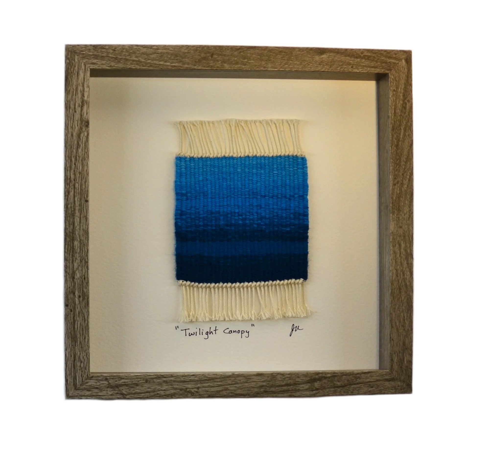 "Twilight Canopy", Handwoven (Wool), mounted  in a 10" x 10" x 1-3/4" gray wooden shadow box frame.  $150 CAD