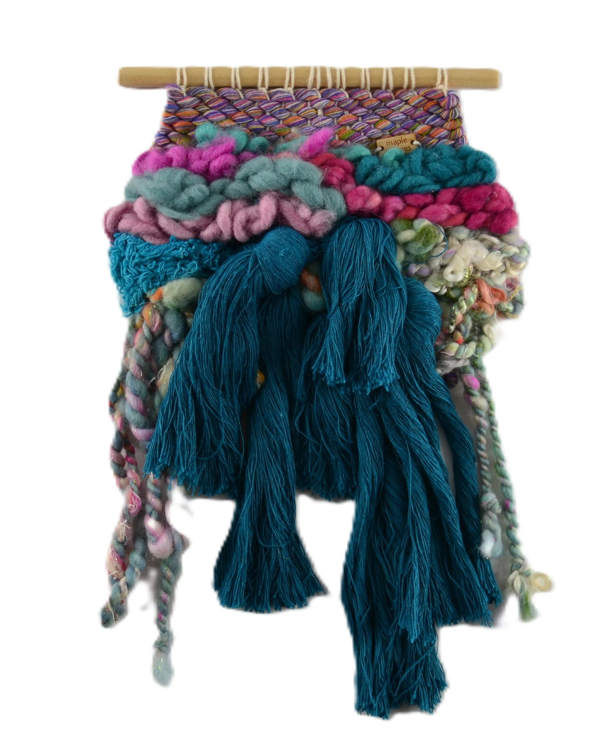 SOLD - "Jardin", Handwoven (Wool, handspun yarn, cotton). Hung from a wooden dowel. 7" w x 12" h.  $75 CAD
