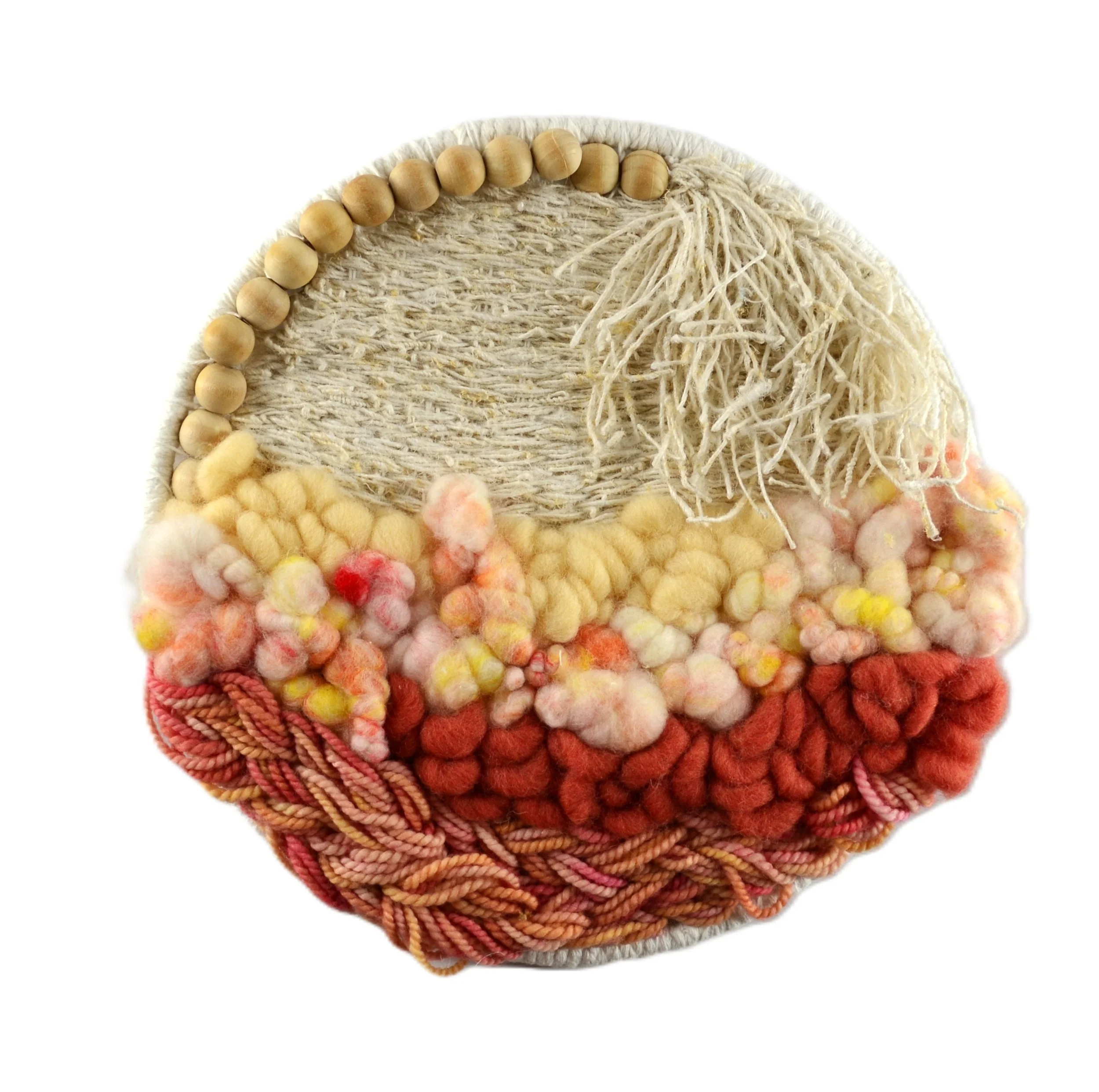 "Let Loose", Handwoven (Wool, handspun yarn, and cotton). Mounted in a cotton covered brass ring, 10" diameter.  $200