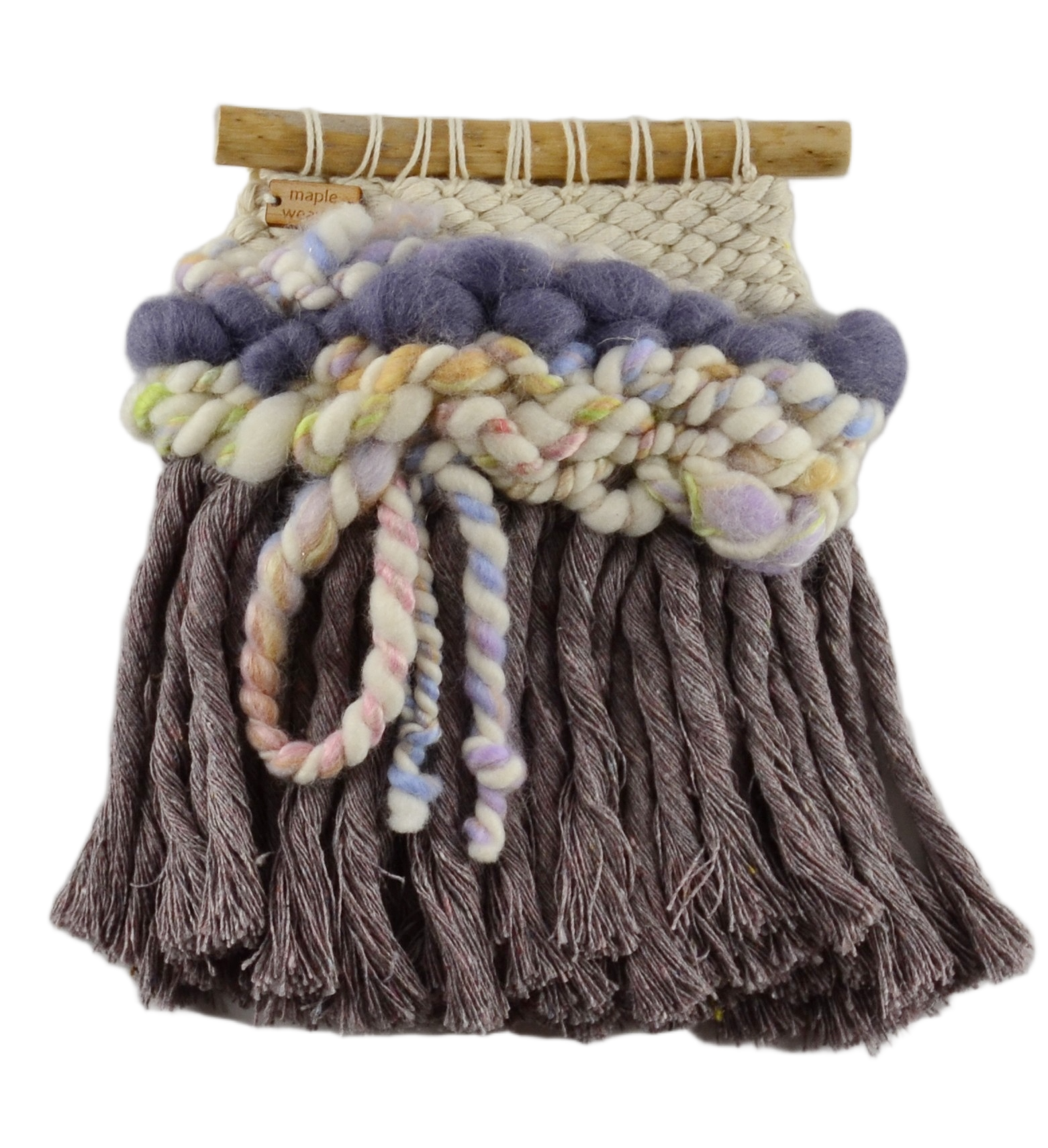 "Violeta", Handwoven (Wool, handspun yarn, cotton). Hung from a foraged branch. 6" w x 7" h. $75