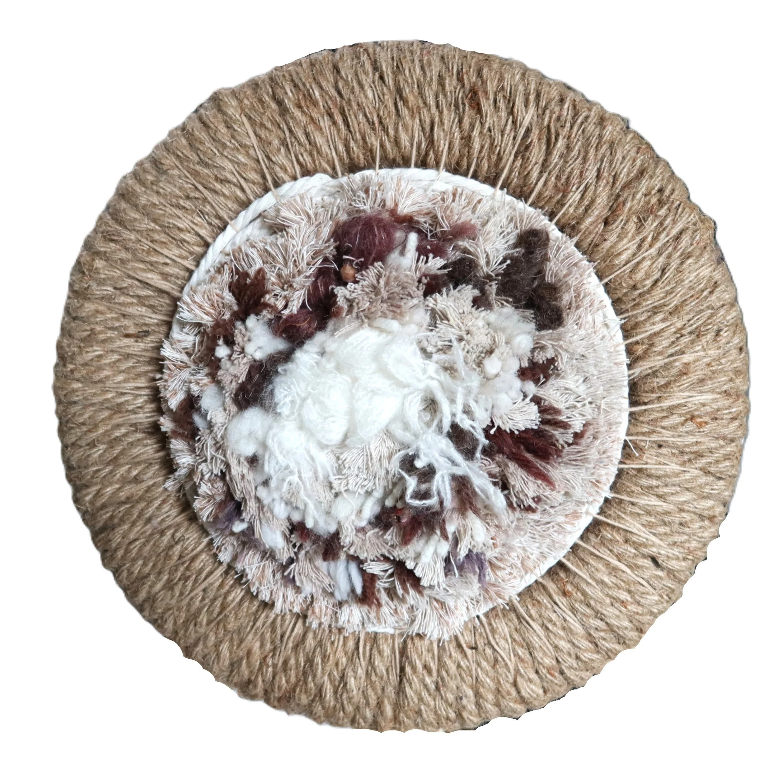 "Spa Day", Handwoven (Wool and cotton). Mounted in a jute floral ring, 12" diameter.  $200