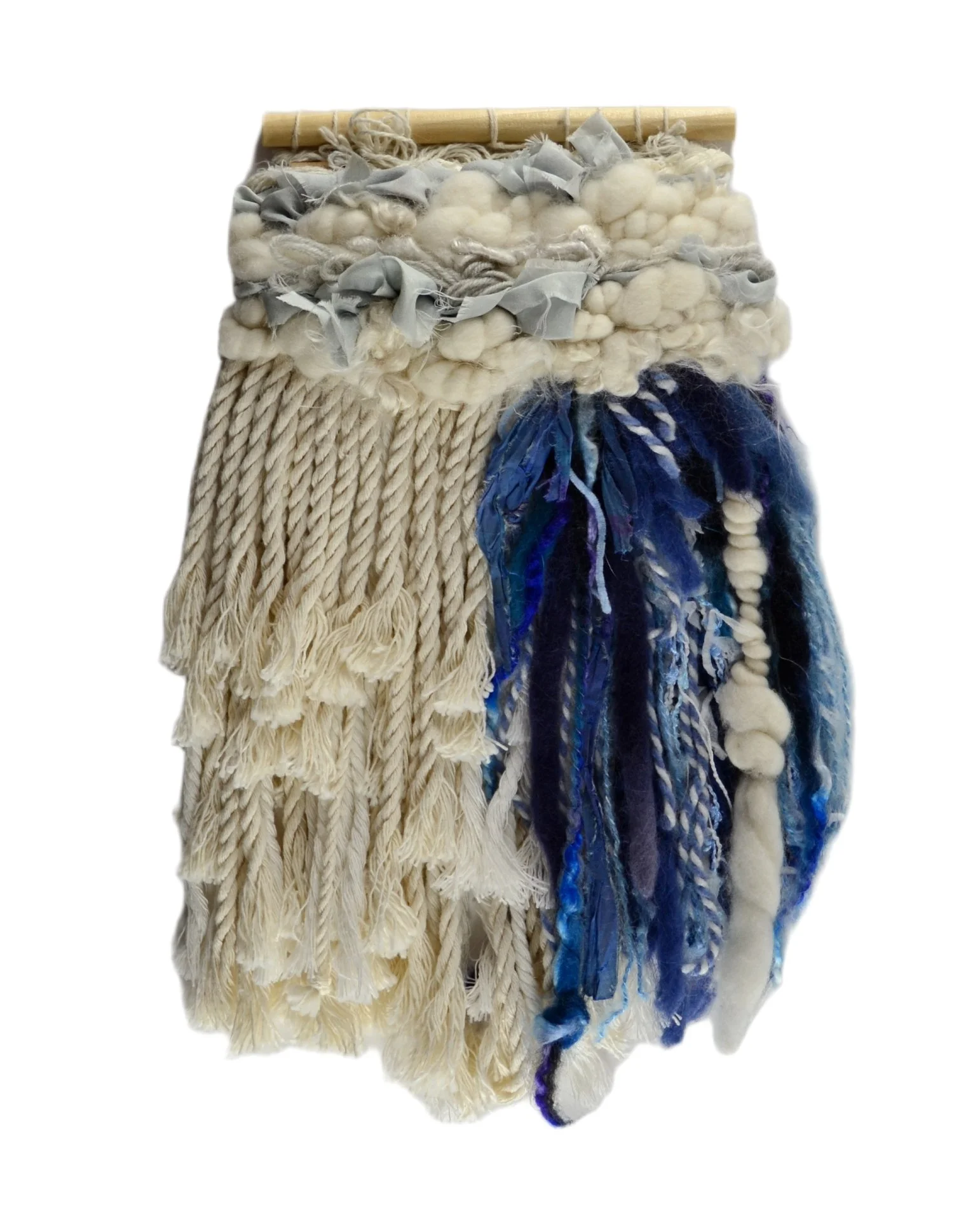 "Bluebell", Handwoven  (Wool, handspun yarn, cotton, silk). Hung from a wooden dowel, 7"w x 15" h.   $225