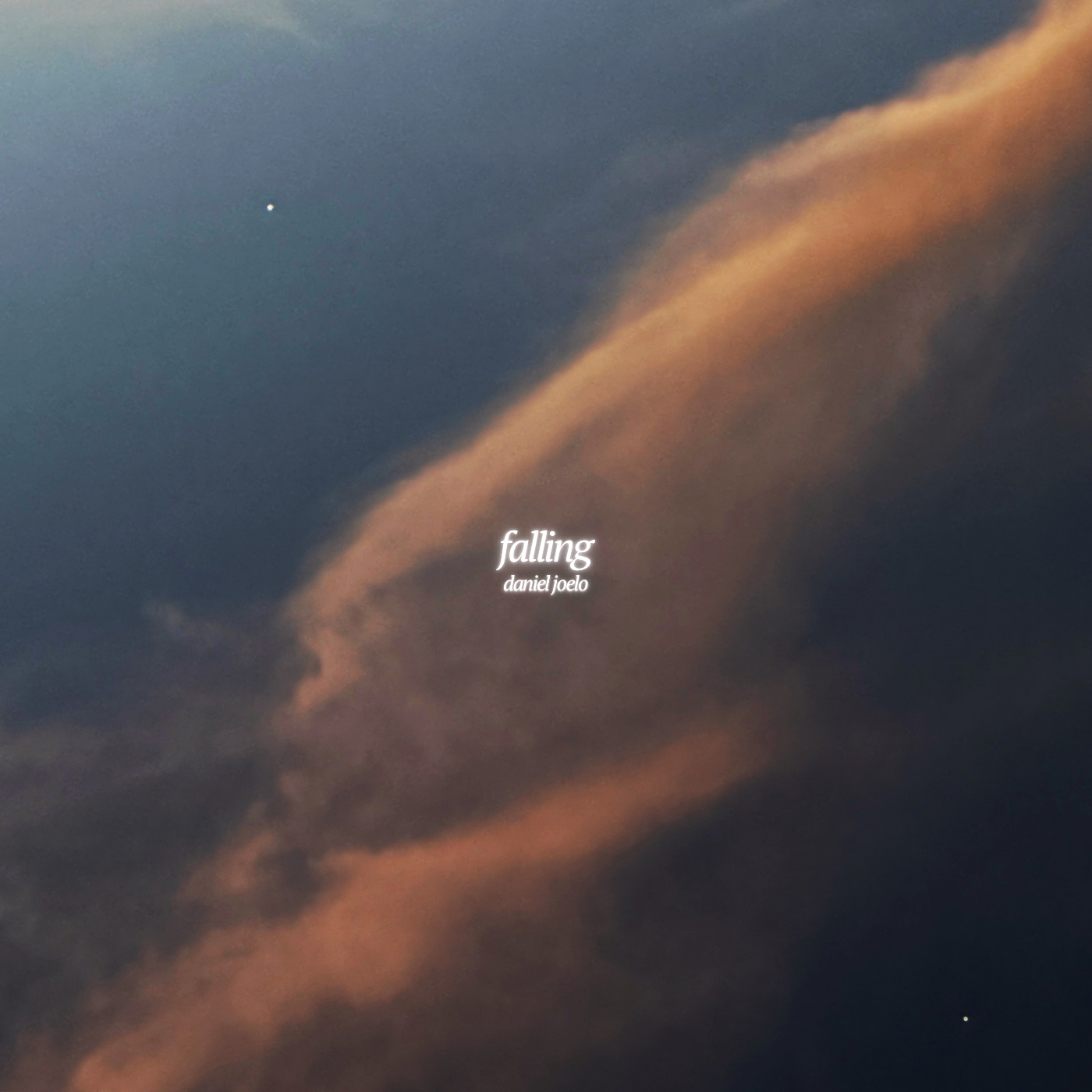 Cloudy sky with pink and orange hues during sunset, featuring two visible stars and the word 'falling' with artist name 'daniel joelo' in the center.
