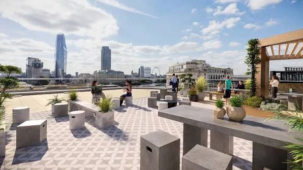 Rooftop terrace at 160 Queen Victoria Street overlooking the London skyline, illustrating high-quality commercial refurbishment.