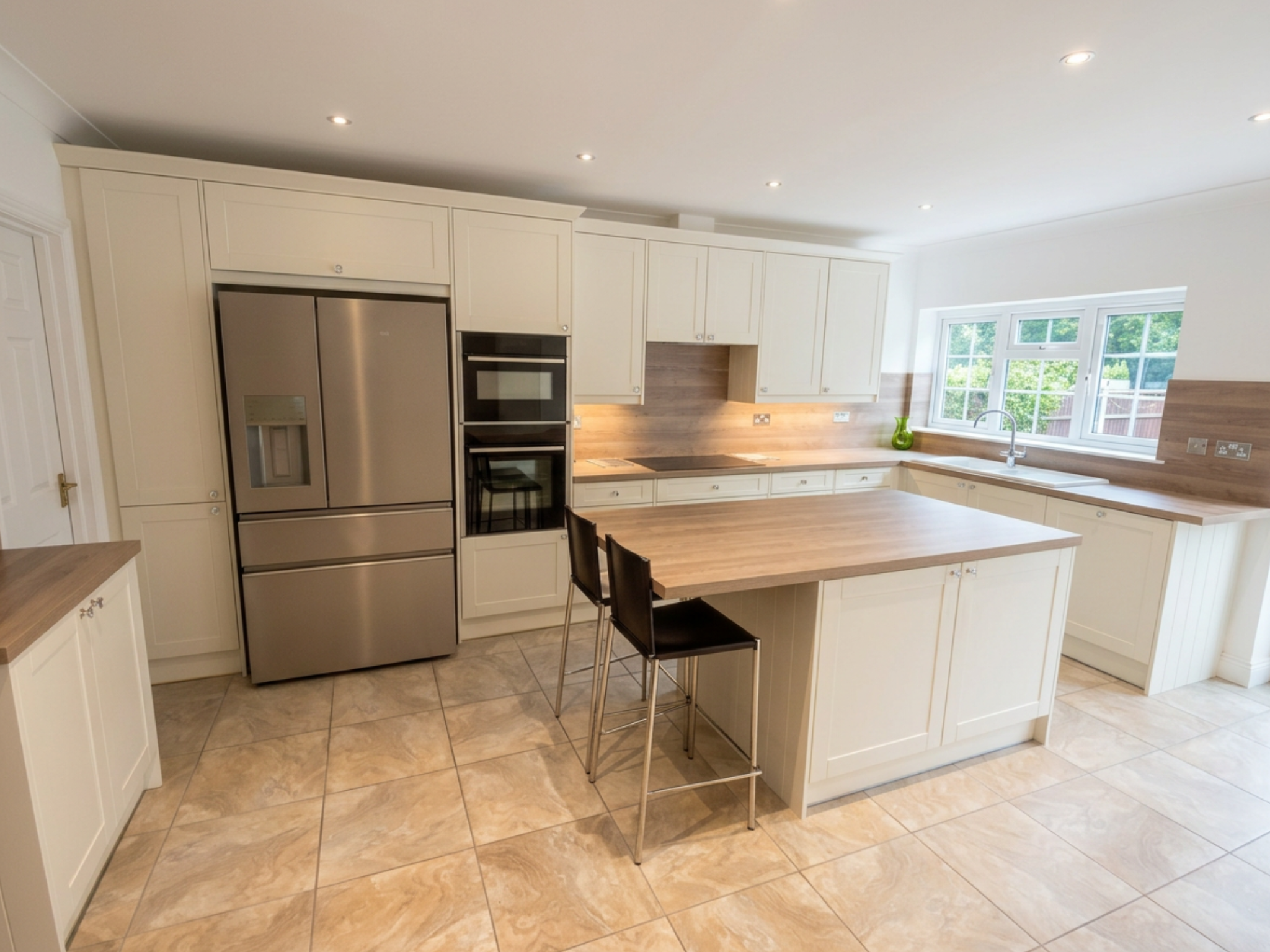 Professionally installed cream shaker kitchen with walnut worktops, central breakfast bar, integrated appliances, and natural light from garden-facing windows.