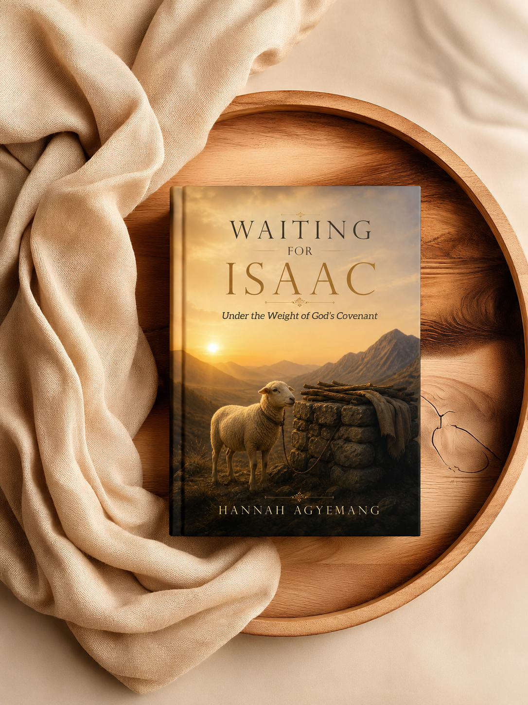A book titled 'Waiting for Isaac' by Hannah Agyemang, featuring a sheep, rocky landscape, and sunset on its cover, placed on a round wooden tray with a beige fabric draped around it.