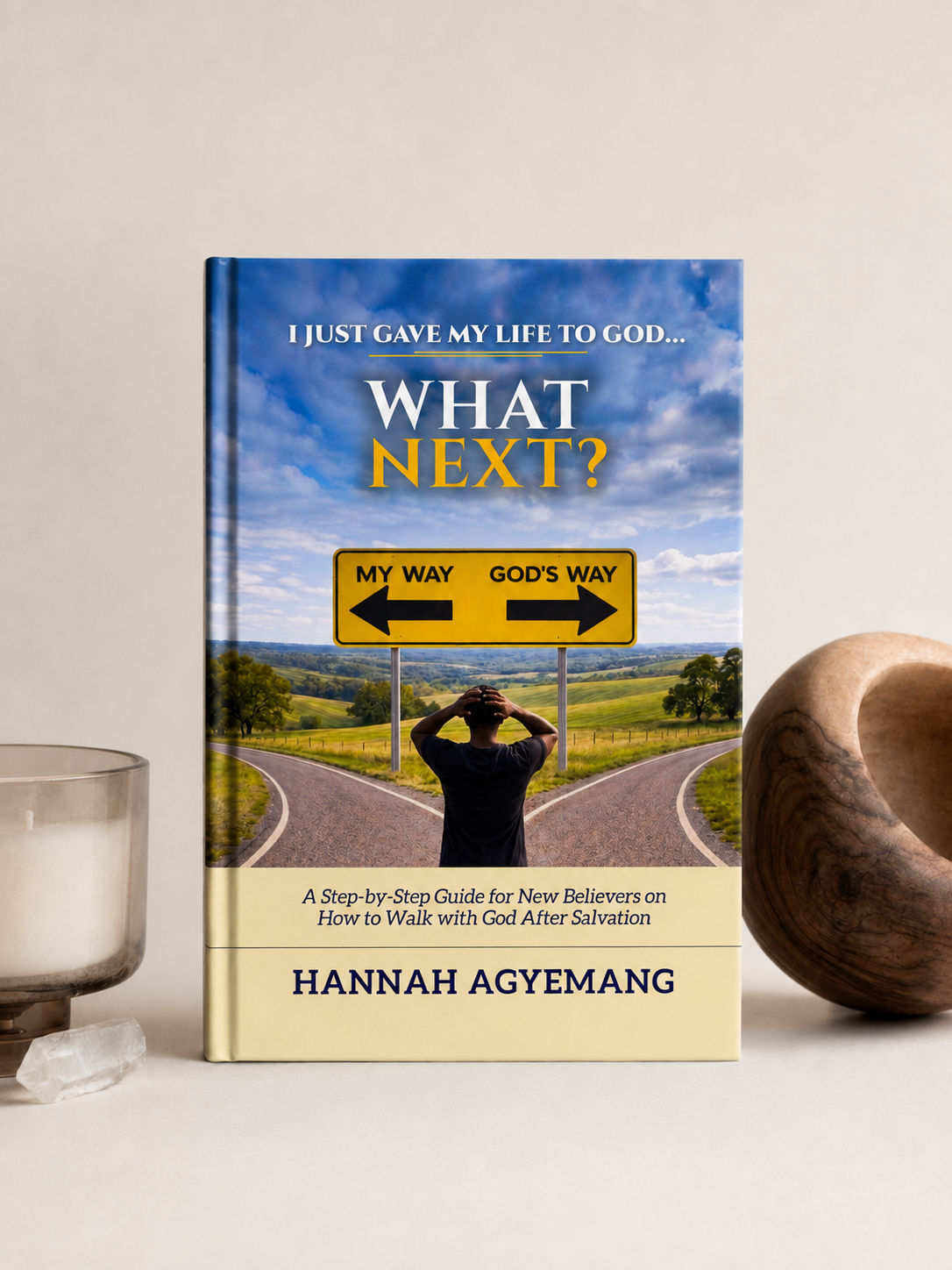 Book titled 'What Next?' by Hannah Agyemang, featuring a person standing at a fork in the road with one sign pointing left labeled 'My Way' and the other pointing right labeled 'God's Way', against a background of blue sky and green fields.