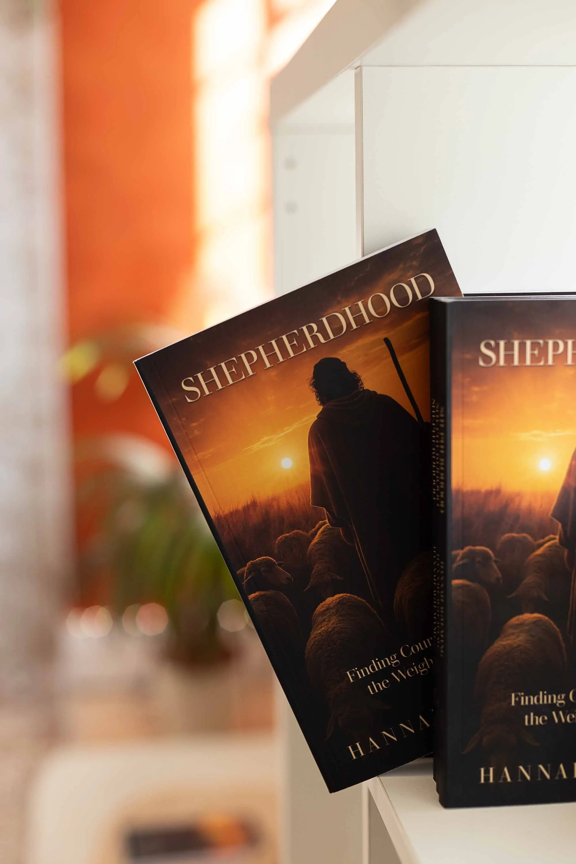 Close-up of books titled "Shepherdhood" by Hannah finding cover art with a silhouette of a shepherd and sheep during sunset, placed on a white shelving unit.