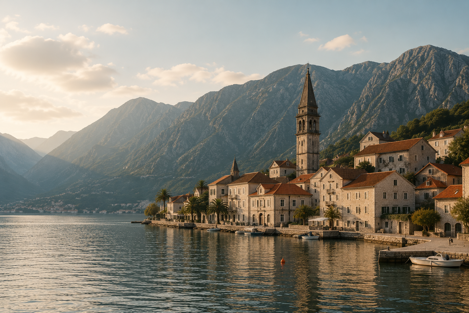 Waterfront view of Perast and the Bay of Kotor in Montenegro.