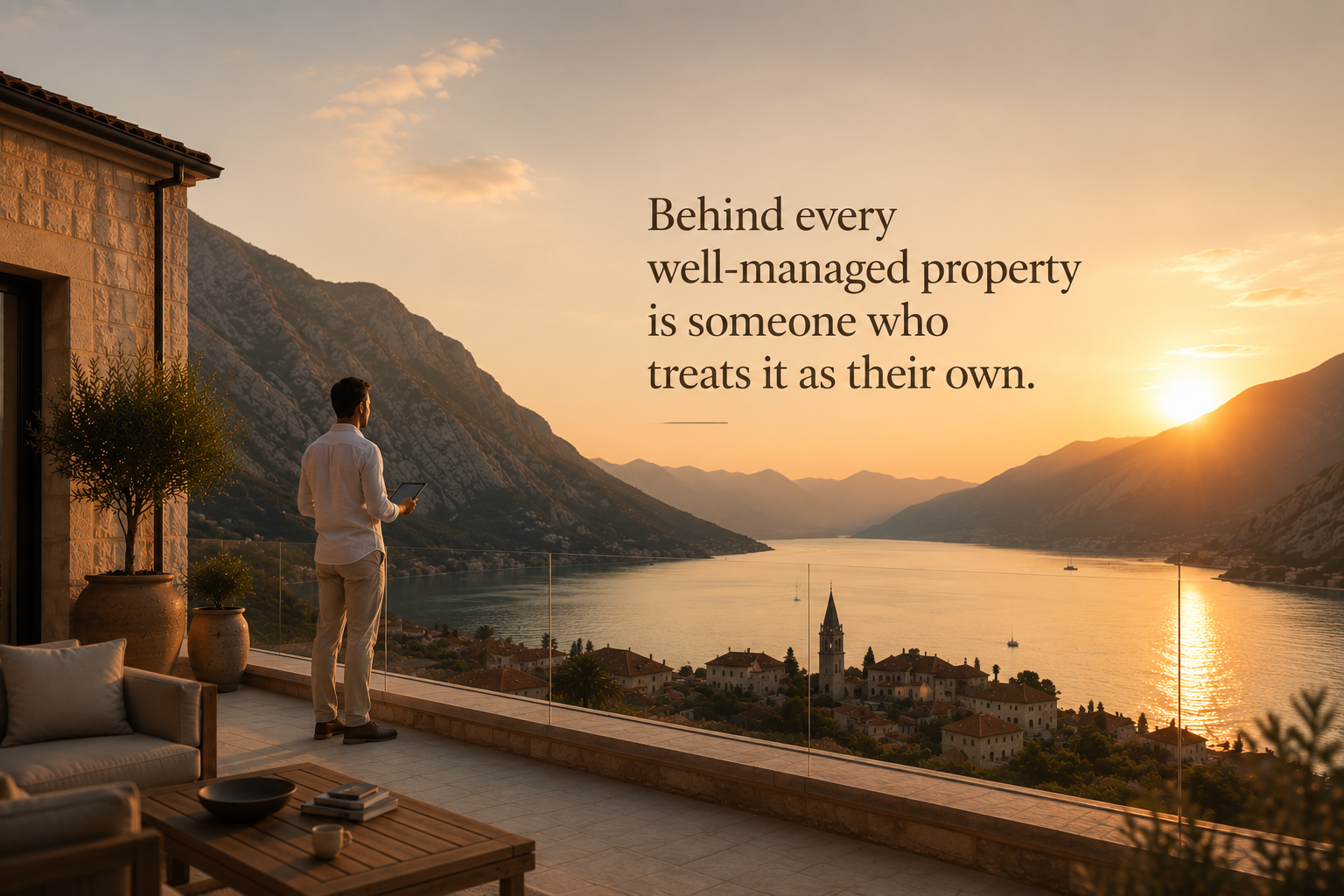 Property manager overlooking a home and the Bay of Kotor in Montenegro.