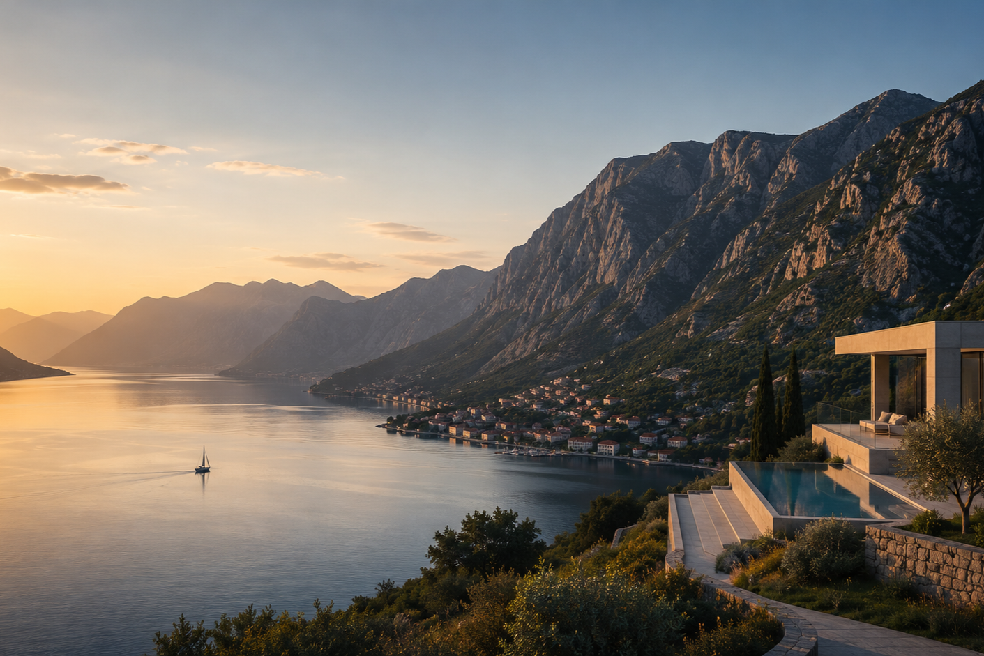 Luxury property overlooking the Bay of Kotor in Montenegro at sunset.