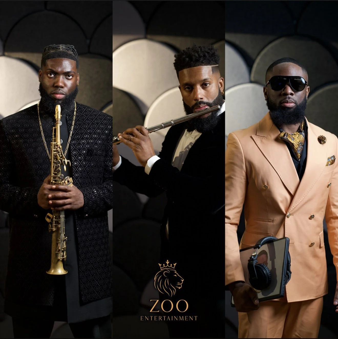 Three stylish men dressed in elegant outfits. The man on the left holds a saxophone, the man in the center is playing a flute, and the man on the right is wearing sunglasses and holding a tablet with headphones. The background features black and gray circular panels, and there is a logo with a lion and the words "ZOO ENTERTAINMENT."