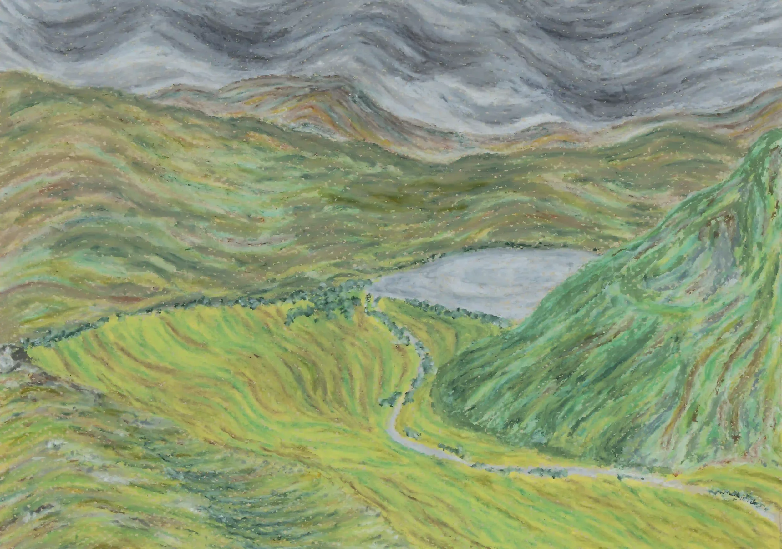 ROLLING HILLS...
Oil Pastels on A4 pastel paper.
Inspired by own photo.
A view through a valley that just had so much natural energy coming across in different directions. Using an abstract approach was my way of trying to show its visual and emotion