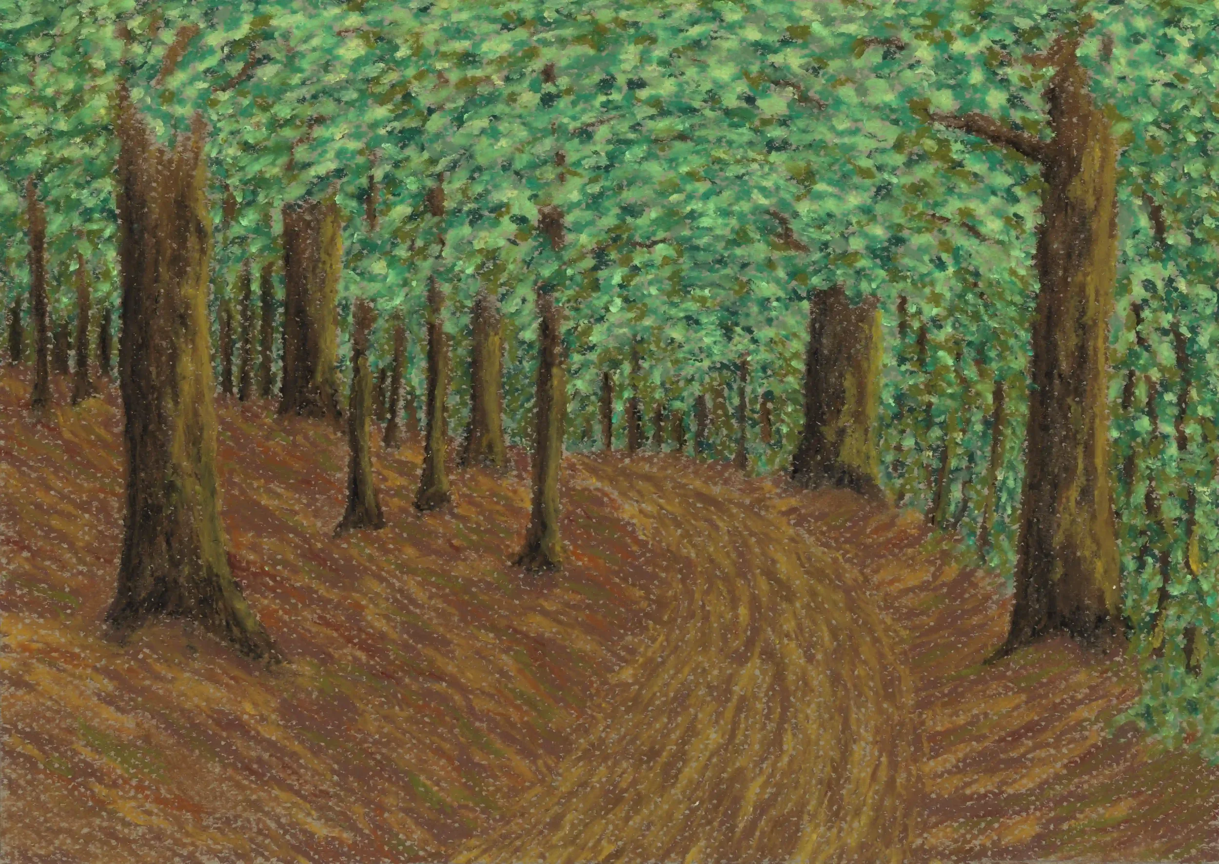 A WALK AROUND...
Oil Pastels, Original on A4 pastel paper
Location; The Chantry Woods, Guildford, Surrey, UK. 
Always feels so warmly inviting following the winding paths of summer woodlands, surrounded by natures positive physical and emotional ener