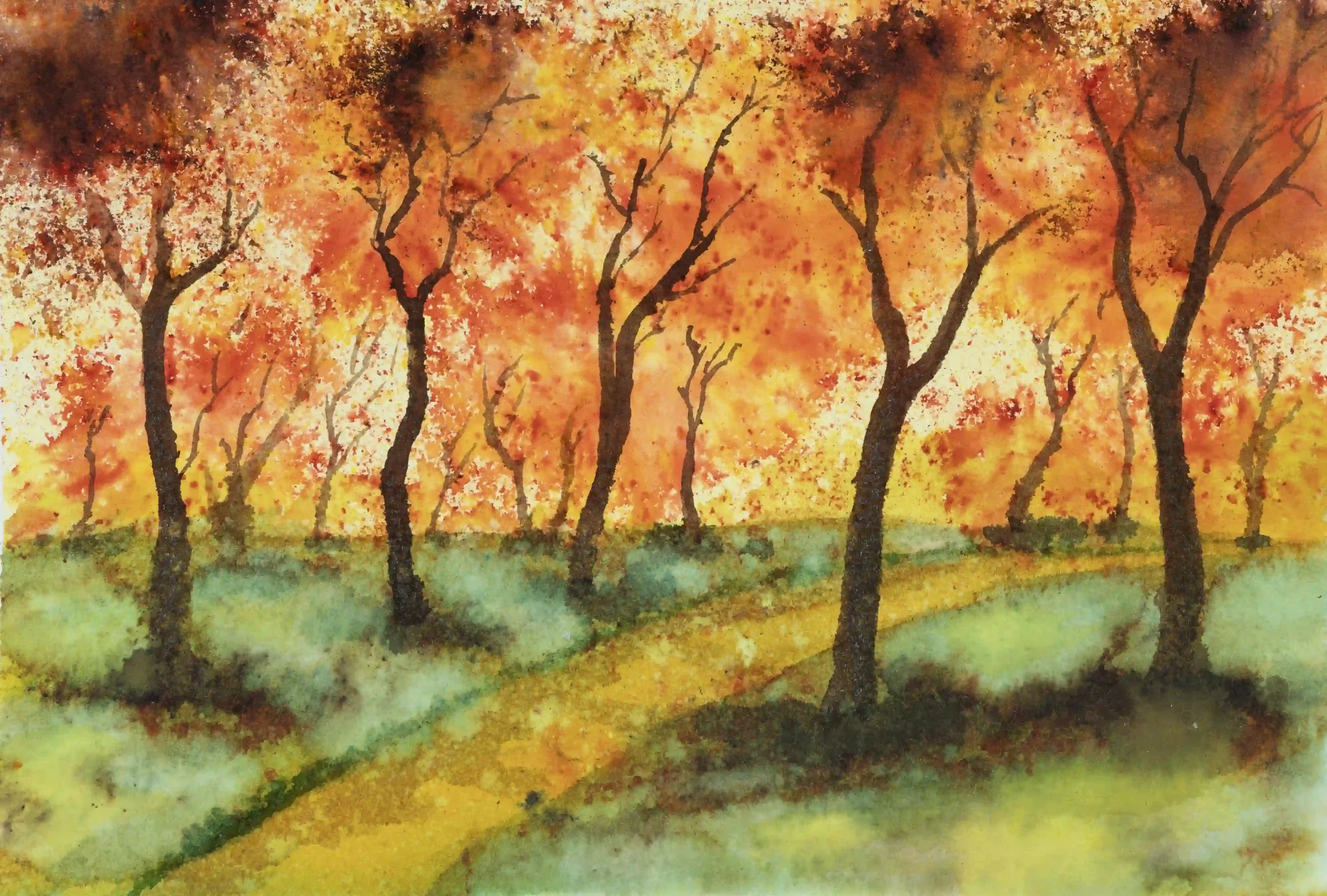 AUTUMN VIBRANCY...
Inks, Original on A5 watercolour paper
The pure vibrant colours and energy that ink can create; a freeing application process as I created my own little autumn landscape.
