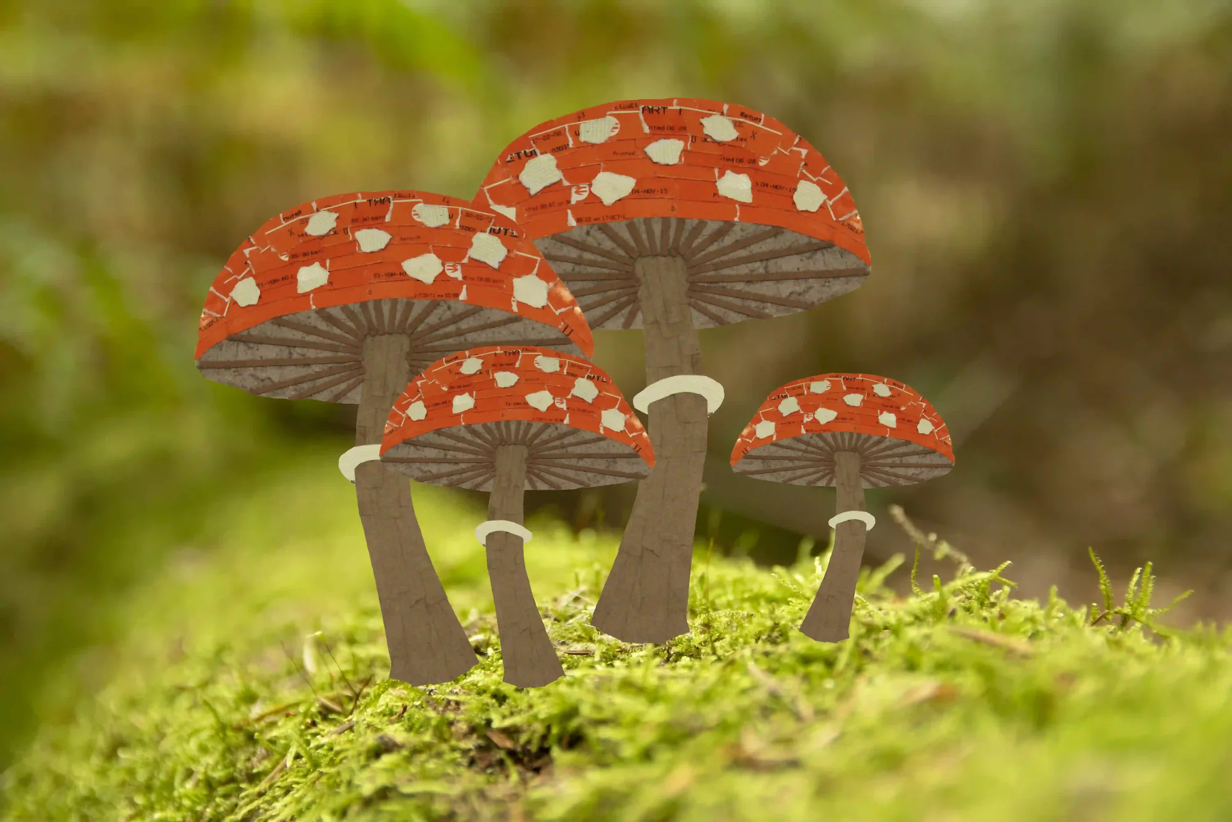 Recycled Fungi#2#...
Such simple yet unique forms of fungi; fuelled by such intriguing processes amongst nature.
I created a collage using recycled materials in the form of fungi. Photographed and layered over my own photo from my walks in the woods.