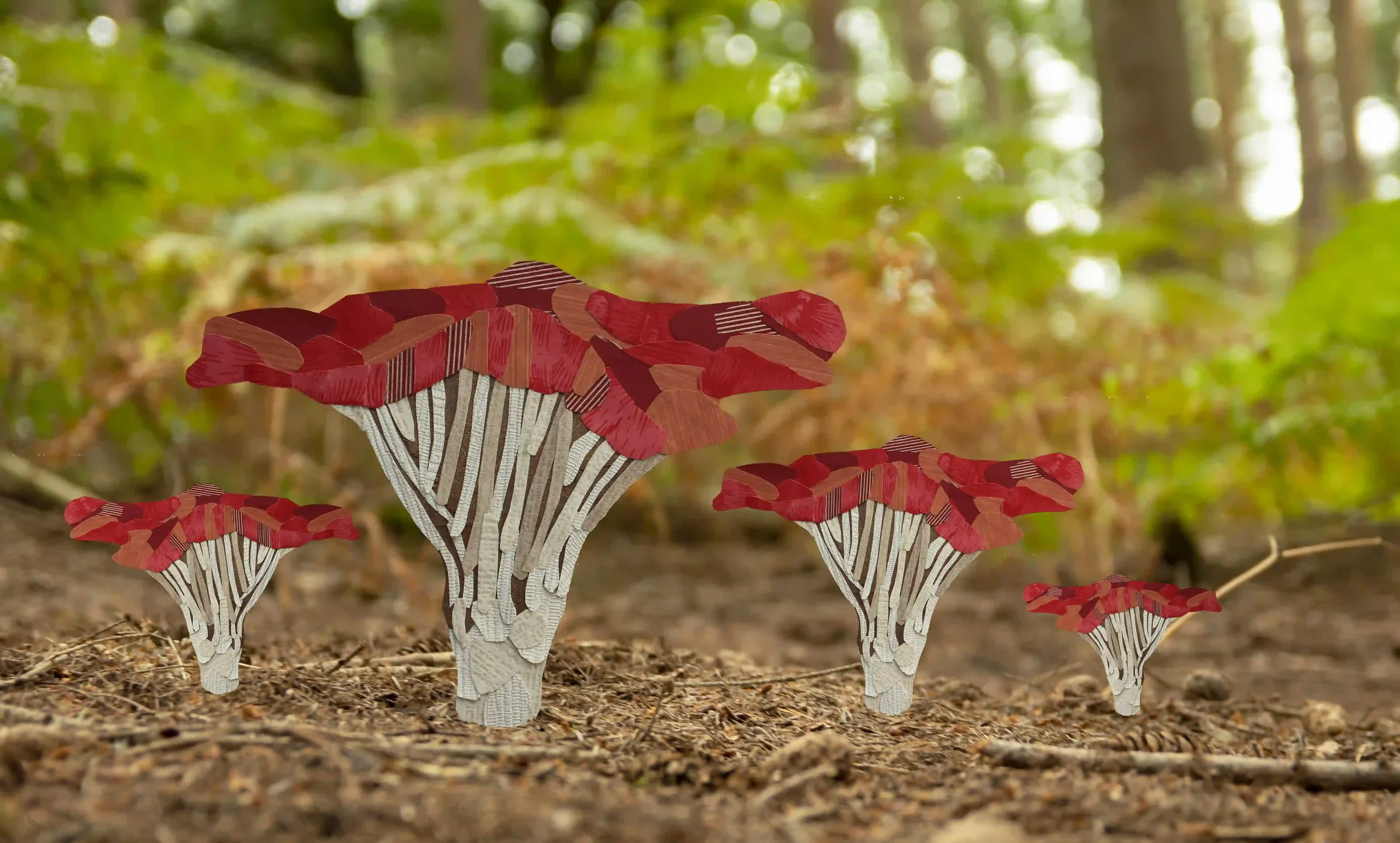 Earths primary recyclers...
Fungi play such a vital role in nature. Such small and intriguing shapes, forms and colour; natures quiet presence of energy always occurring in the landscape. 
I created a collage using offcuts of wall paper in the form o