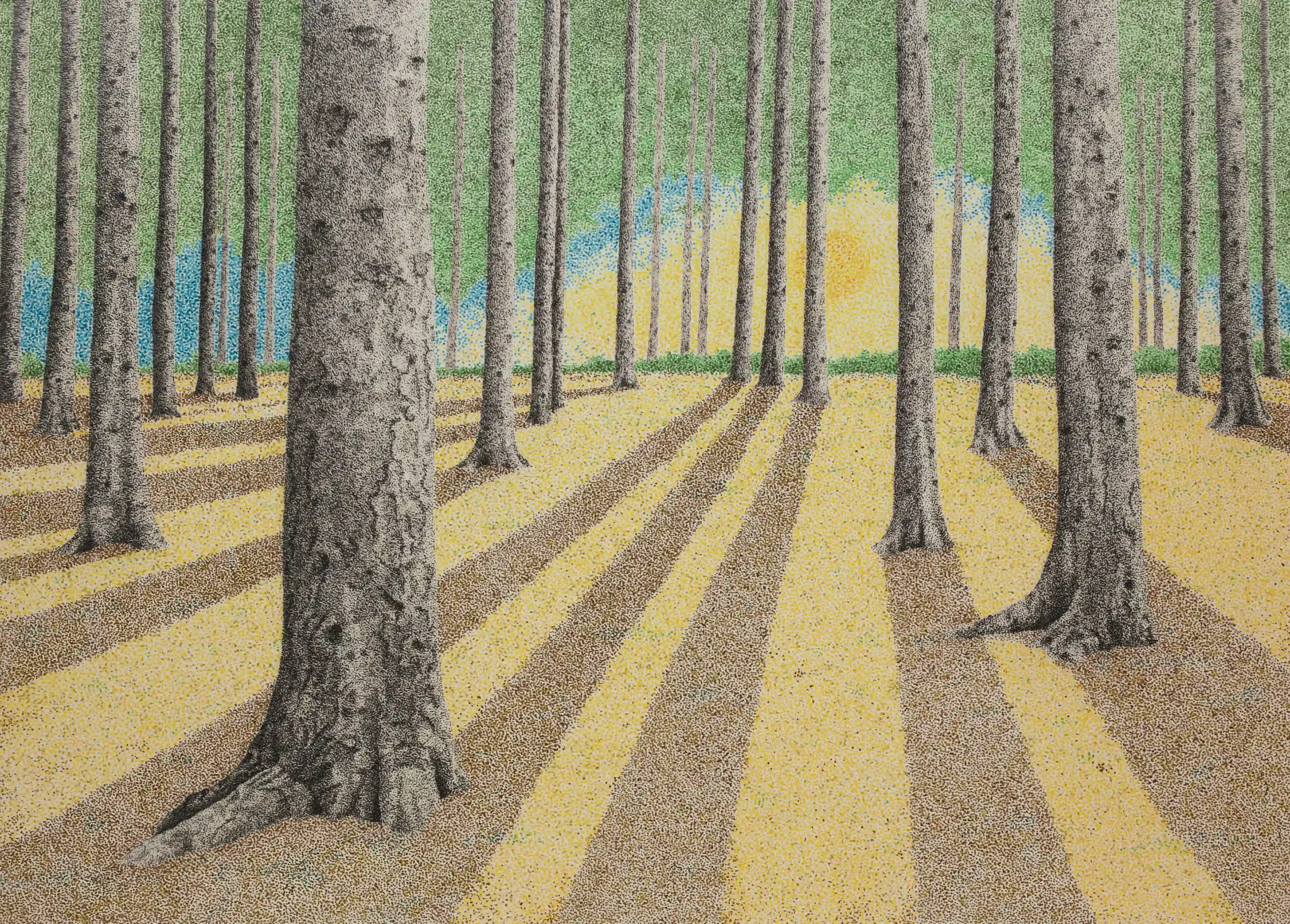 INVITING SUNSET...
Fine Line pens and fine line colour pens; photo of trees prior to working over with inks in my ‘Soothing Strawberry Grove’ work; high-quality print on A3 watercolour paper of original and worked back over with Fine line colour pens