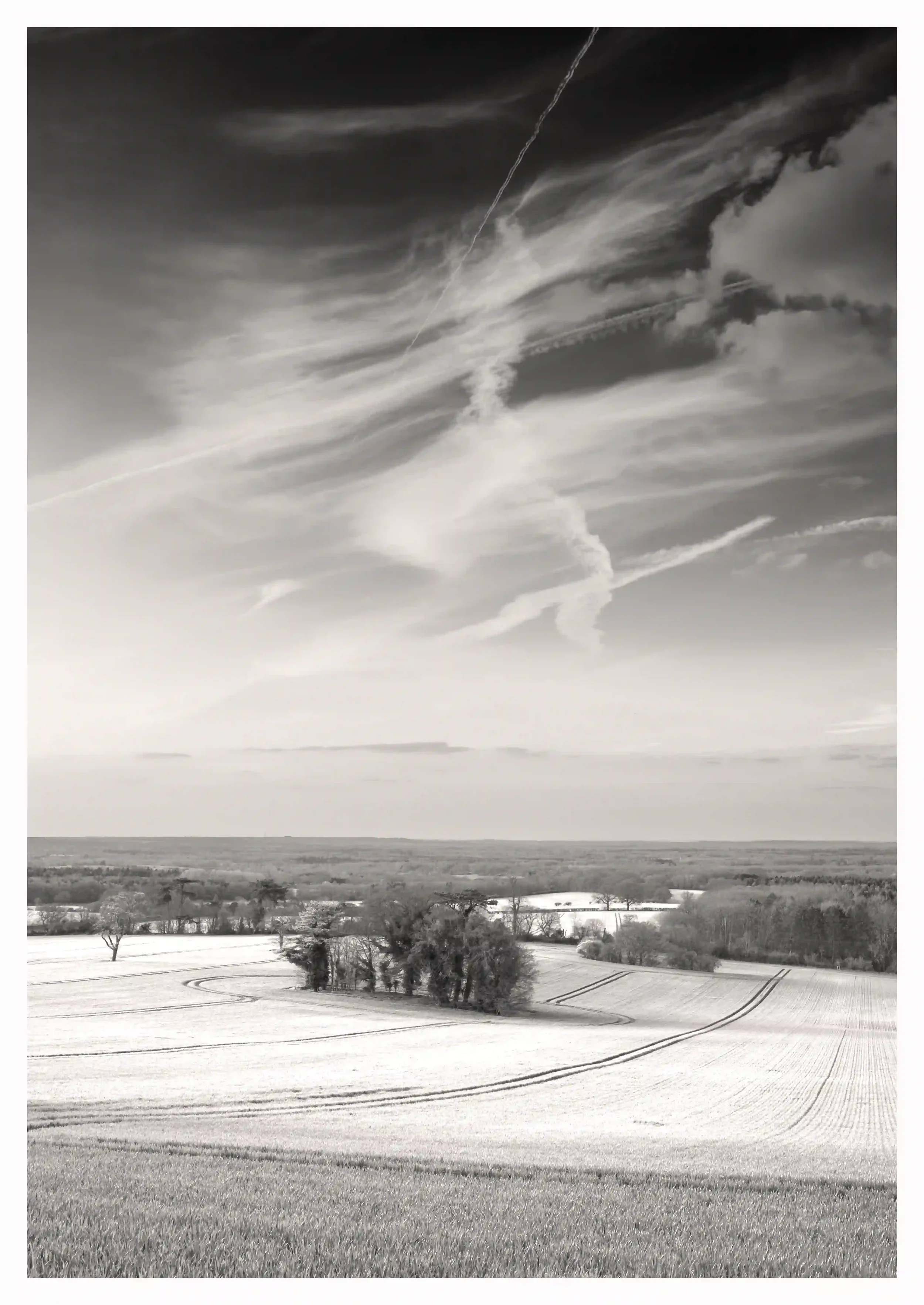 SPRING WHISPERS
Although these fields were a golden yellow in colour; when processed in black and white the contrast between the landscape and sky truly caught my eye. The diffused look of the soft streaks in the clouds felt like the sky was talking 