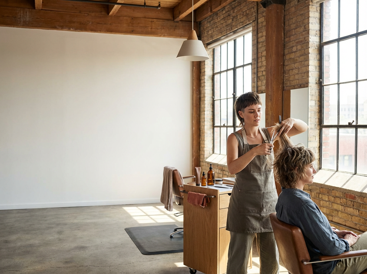 A hairstylist cutting a woman's hair in a modern, rustic salon with large windows and exposed brick walls.