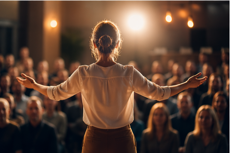 A woman giving a speech or presentation to an audience in a dimly lit room.