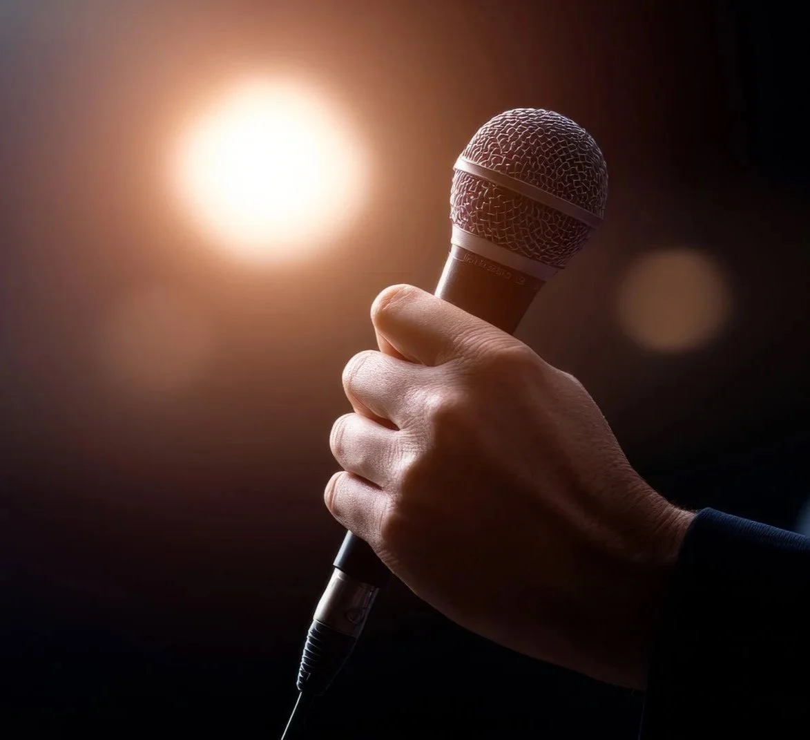 A hand holding a microphone against a dark background with bright light in the distance.