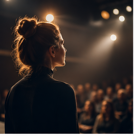 A woman with her hair in a bun standing on stage before an audience, illuminated by stage lights.