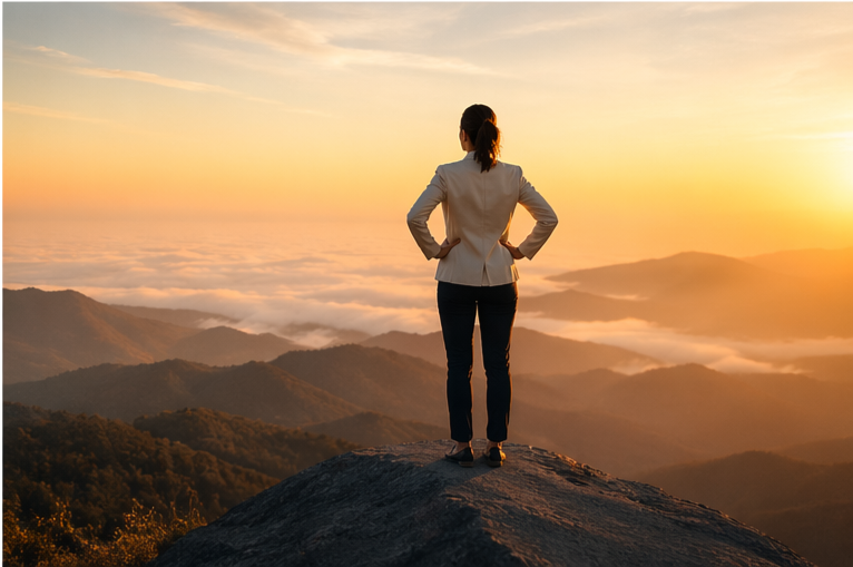 Woman standing on a mountain summit overlooking a sunset and a sea of clouds over mountains.