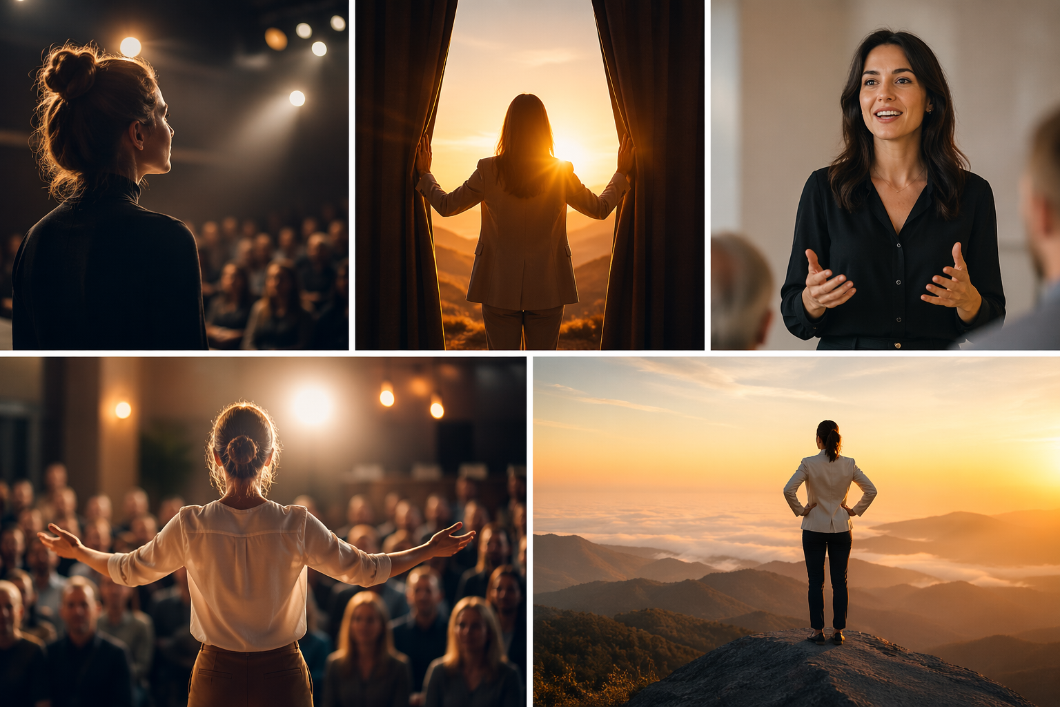 A collage of five photos showing women giving speeches or presentations, with some images of them facing an audience and one of them standing outdoors at sunset on a mountain peak.