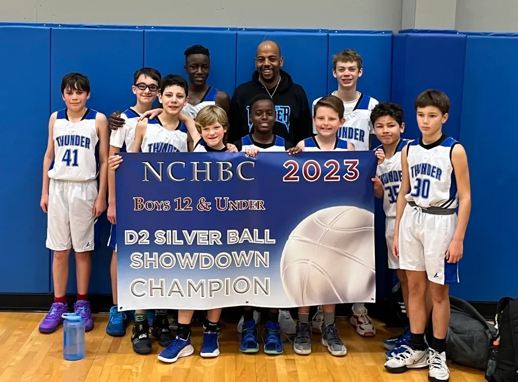 Youth basketball team and coach holding a championship banner, with some players wearing jerseys numbered 41, 35, and 30, celebrating their victory.