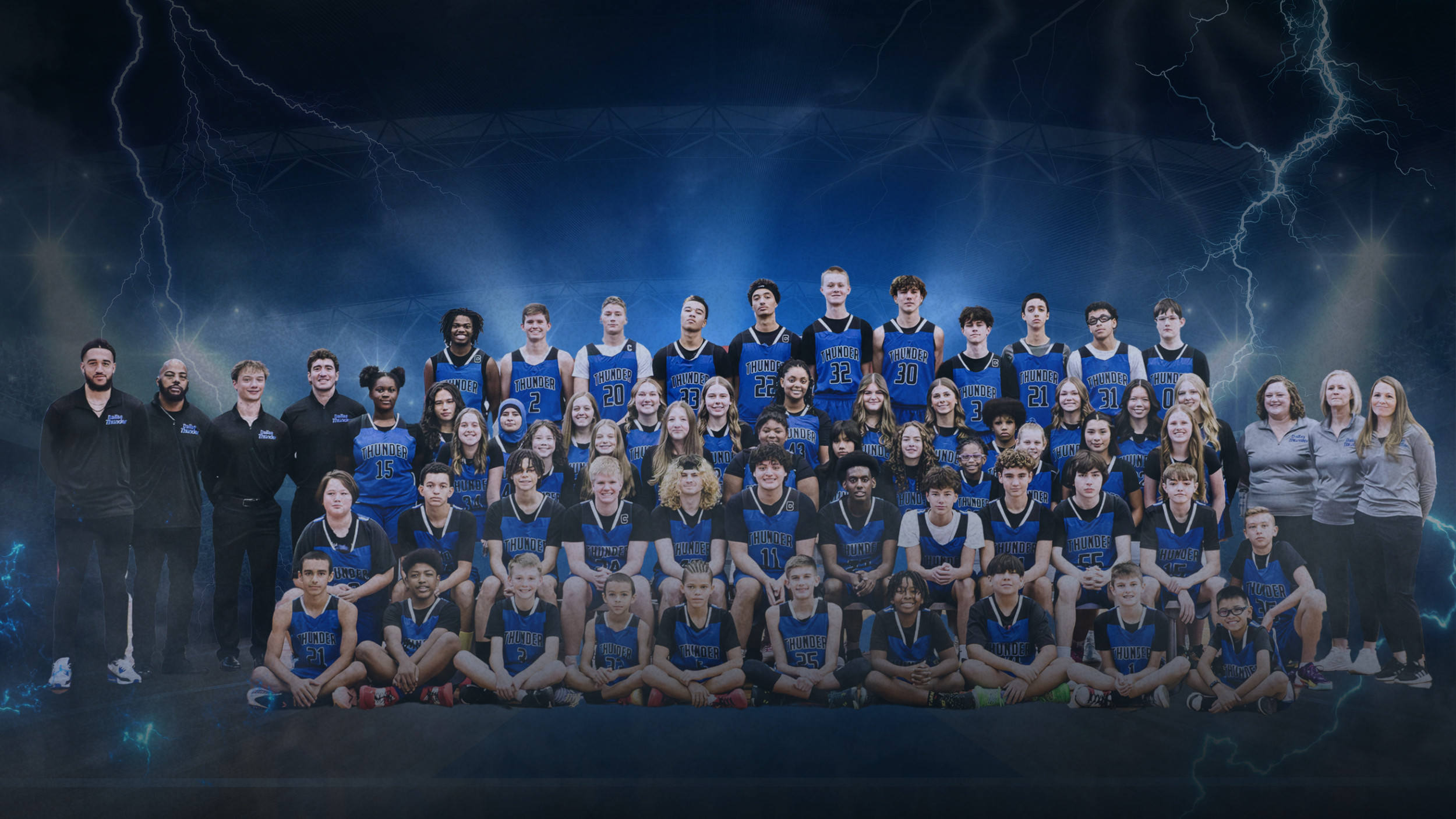Group photo of a basketball team called Thunder with players and coaches, set against a stormy background with lightning.
