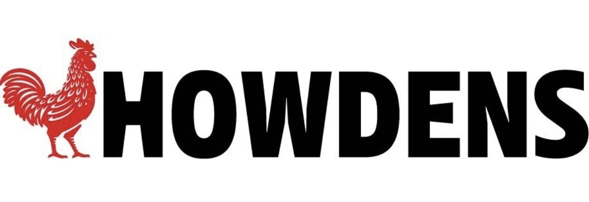Logo featuring a red rooster and the word "HOWDENS" in bold black letters.