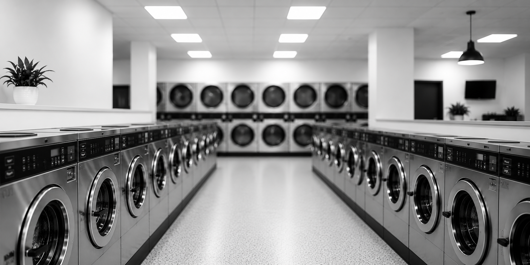 Coin-operated laundry room with front-loading washing machines on both sides, stacked dryers in the back, and a television mounted on the wall.
