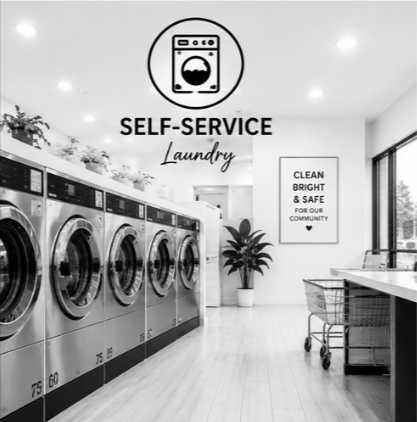 Self-service laundry room with washing machines, a laundry cart, a large window, and a sign that reads 'CLEAN BRIGHT & SAFE FOR OUR COMMUNITY'.