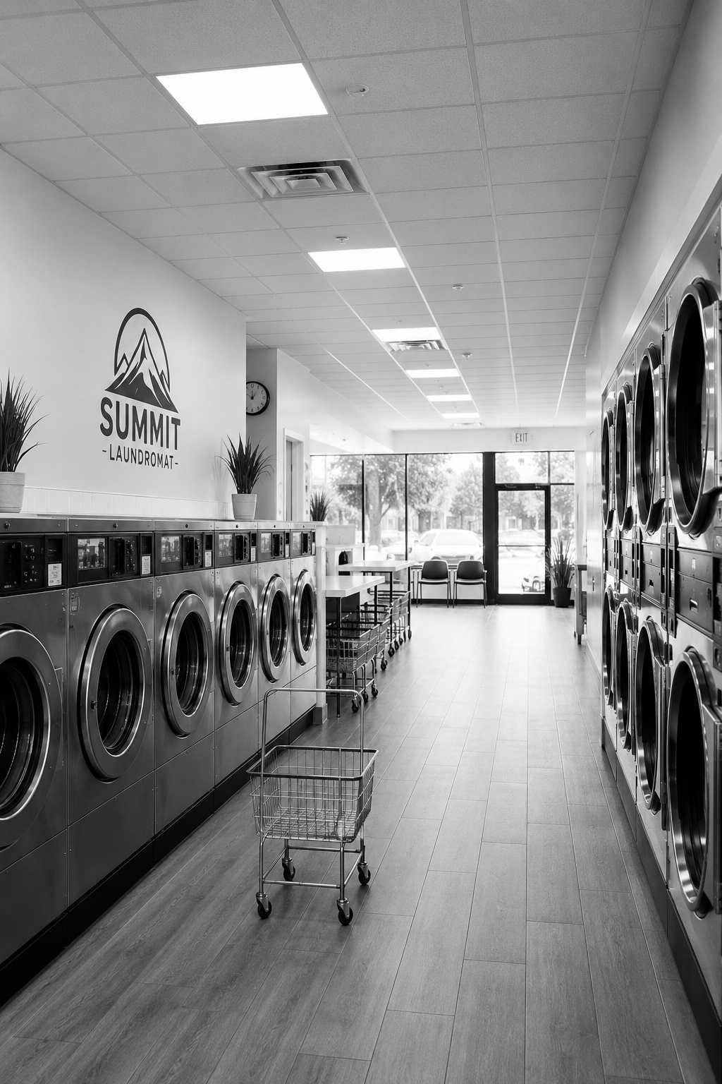 An empty laundromat with rows of washing machines on both sides and a few chairs near the entrance, with potted plants and a clock on the wall.
