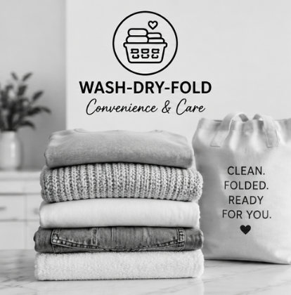 Stacked folded laundry with a wash-dry-fold illustration and text about convenience and care