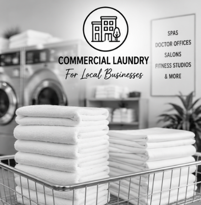 Stack of folded white towels in a laundry basket in a commercial laundry facility with signage indicating services for local businesses.