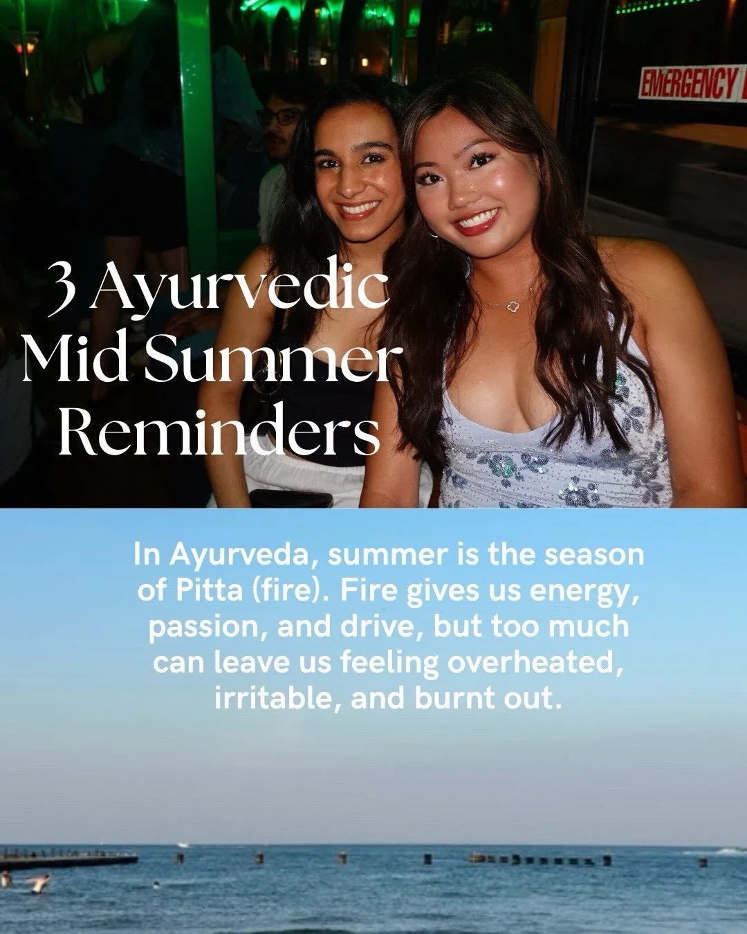 If you&rsquo;re starting to feel a little burnt out this summer like me, your pitta (fire) energy might be too high! Here are some reminders as we head into the second half of summer 💙 

#ayurveda