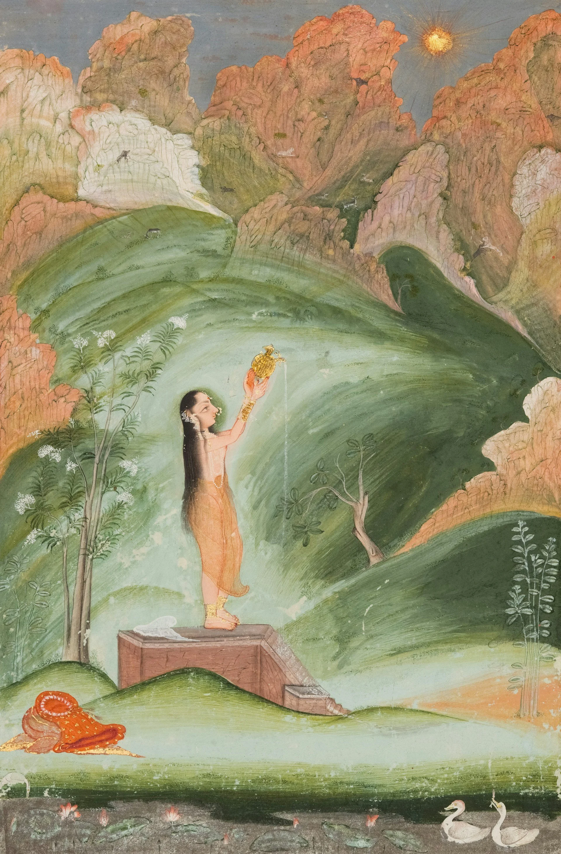 A traditional Indian painting depicting a woman with long dark hair, standing on a small platform, holding an object in her right hand, in a lush landscape with mountains, trees, and a body of water with swans, under a bright sun.