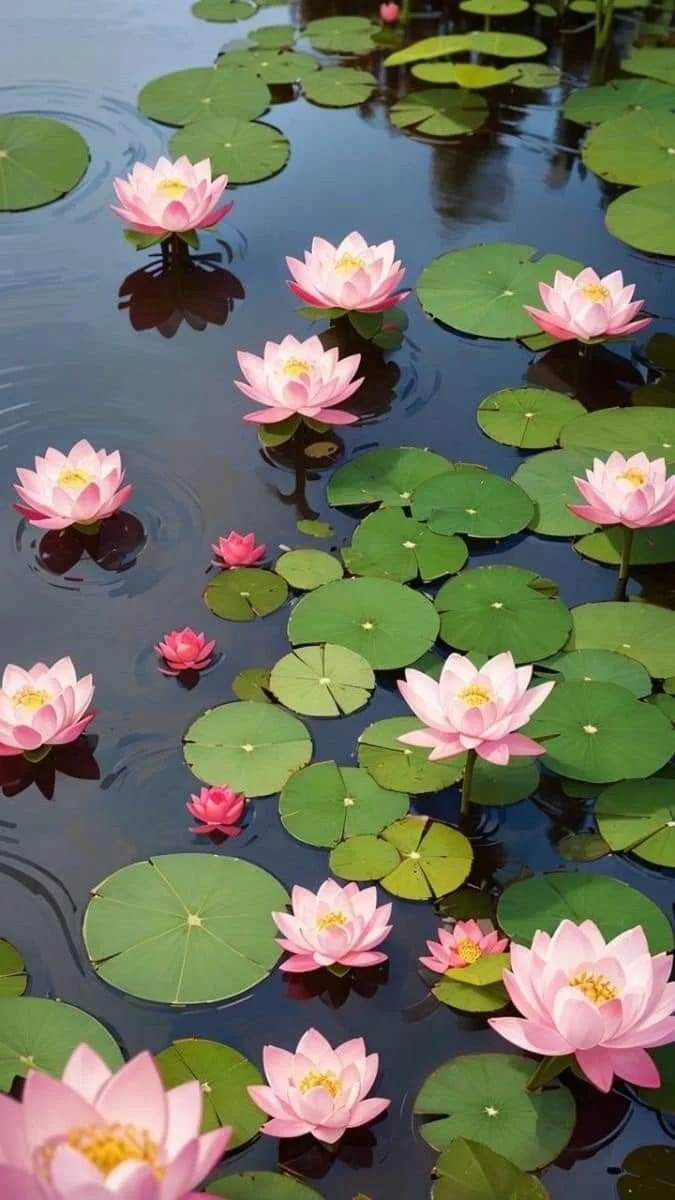 Pink water lilies floating on a pond with green lily pads.