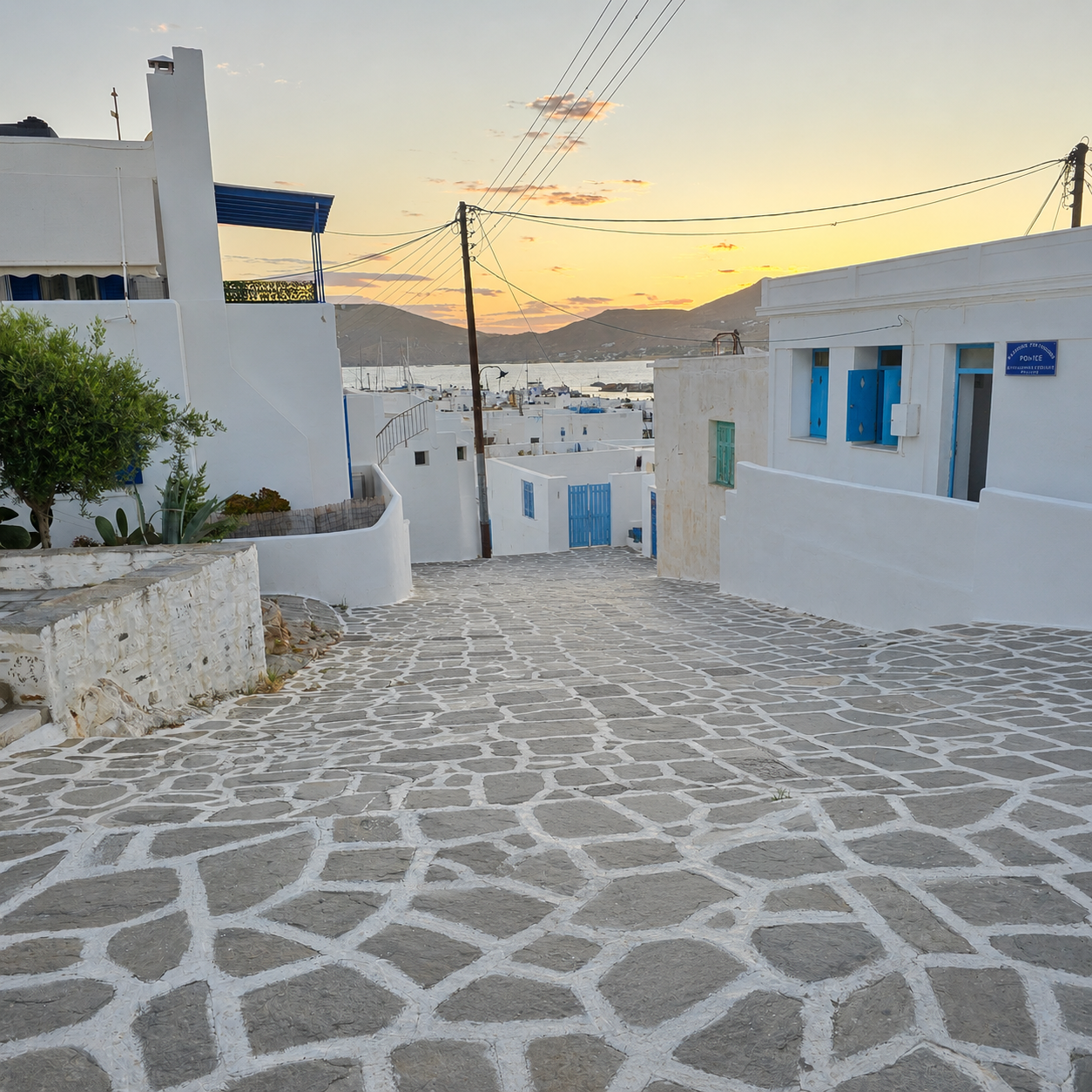 Cobblestone street in Naoussa, Paros, Greece, lined with whitewashed buildings and blue shutters at sunset, with the harbor in the distance.