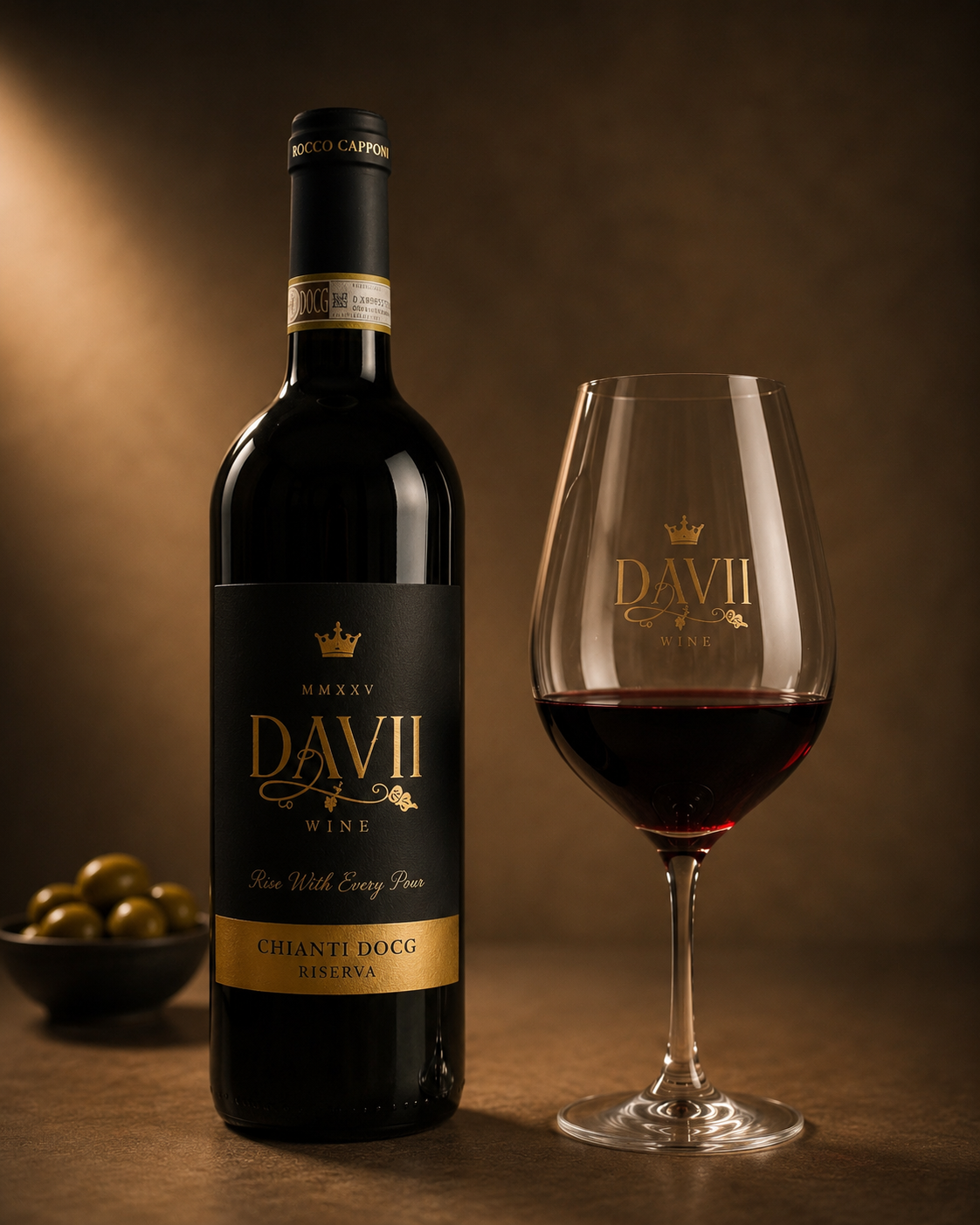 A bottle of Davii Chianti DOCG Riserva wine with a glass.