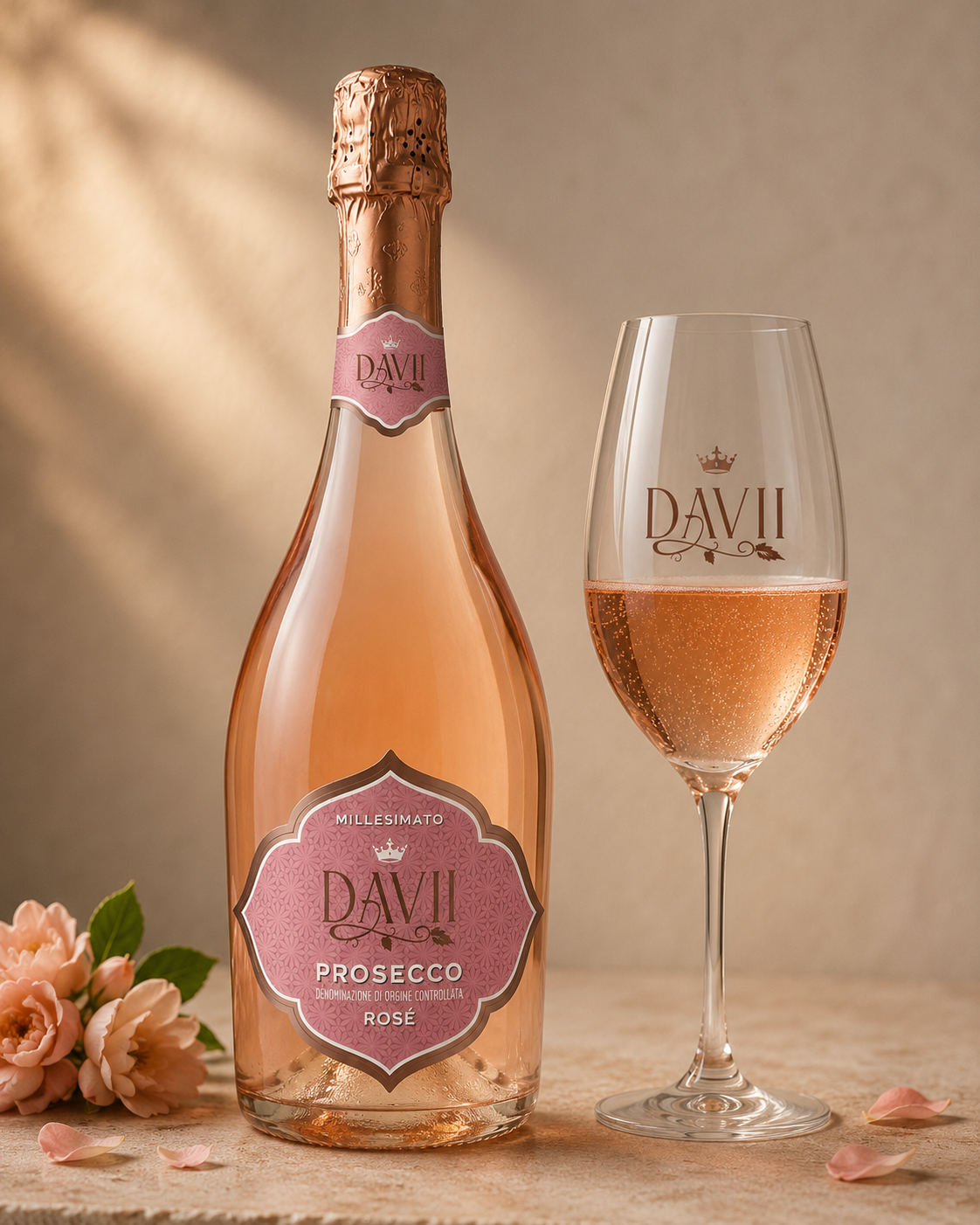 A bottle of Davii Prosecco Rosé, flute filled with rosé sparkling wine, and pink flowers with petals on a wooden surface.