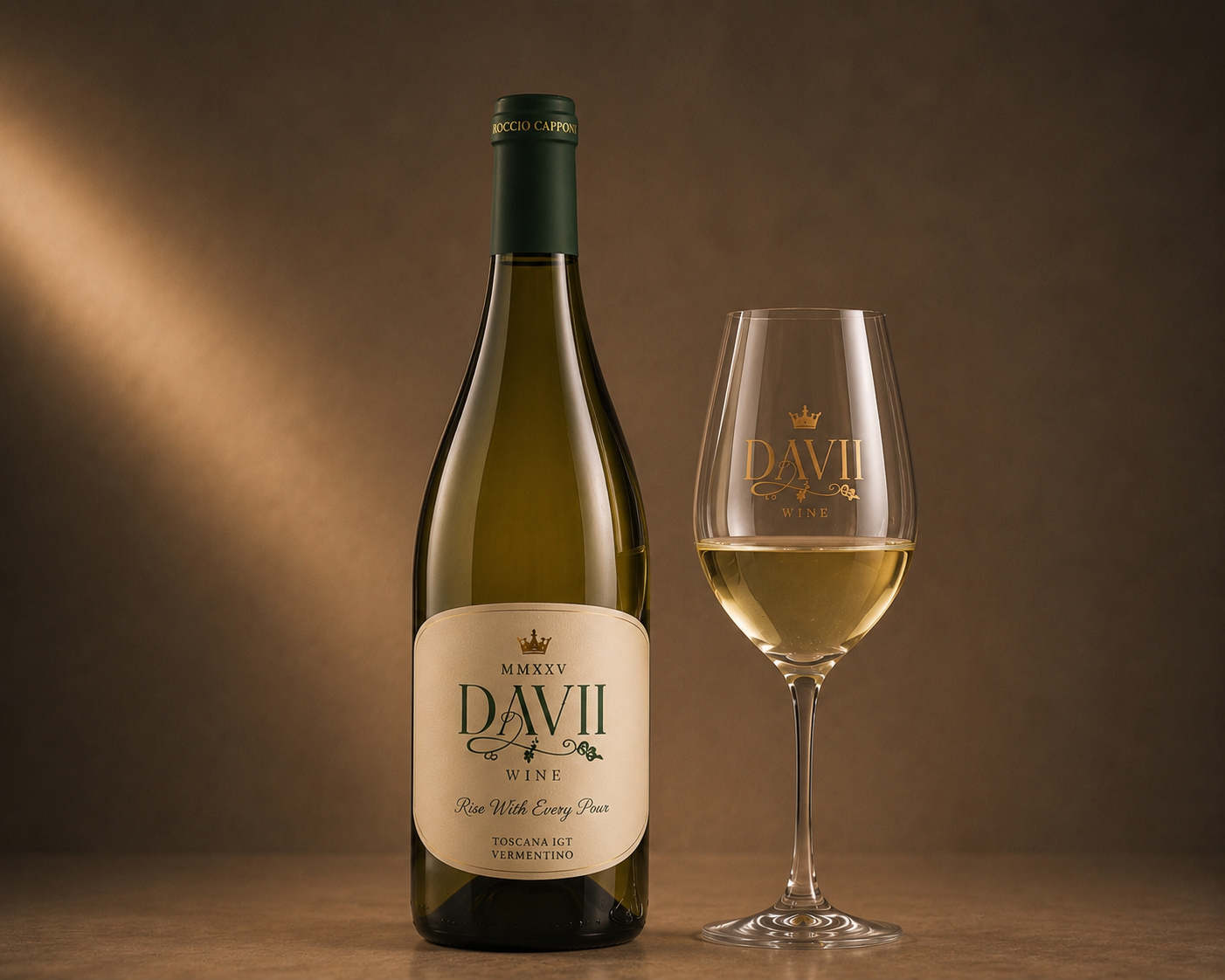 A bottle of Davii Vermentino wine and a filled wine glass on a wooden surface with a dark gradient background.